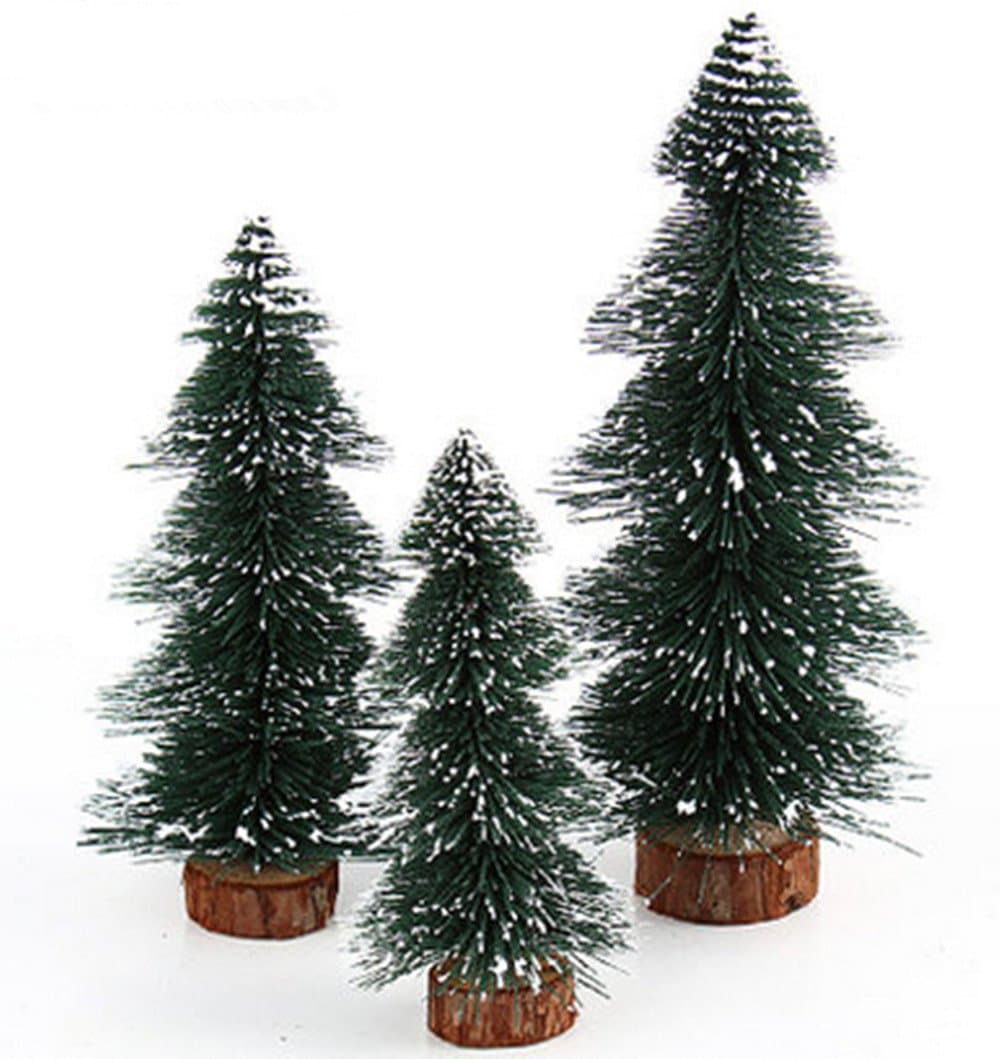 Sweet Spring Water Mini Frosted Tabletop Christmas Pine Tree with Wood Base, Set of 3 (01)
