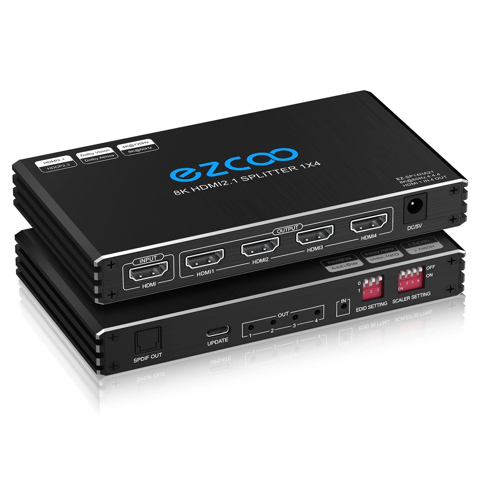 HDMI Splitter 1x4 4K 120Hz 4:4:4 HDR 8K 60Hz VRR G/Sync CEC EDID Switch HDCP 2.2,HDCP 2.3 Bypass,Duplicate/Mirror,EDID,Copy,Downscale, HDR,D-o-l-b-y Vision Atmos for Game PC Xbox PS5 Roku Fire TV