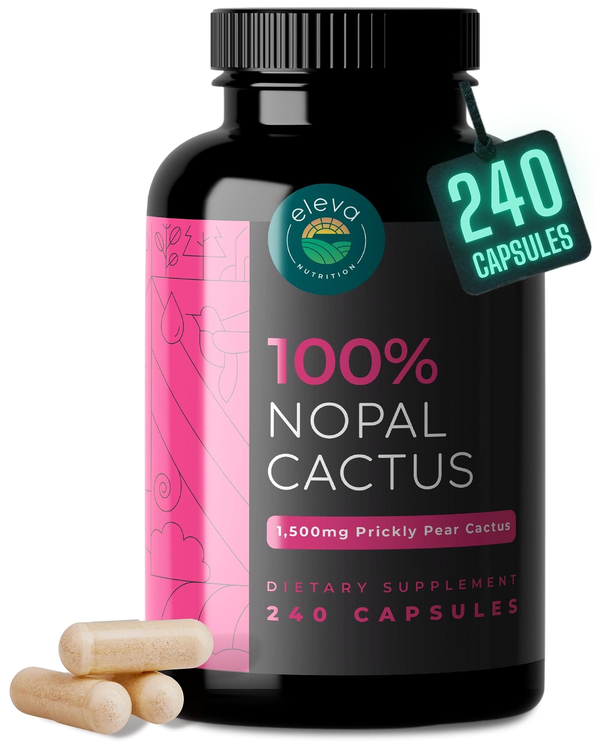 Nopal Cactus Capsules 1500mg — Organic Sun-Dried Prickly Pear Cactus Powder and Black Pepper Extract for Absorption — Natural Prickly Pear Extract Non-GMO Capsules — 240 Capsules