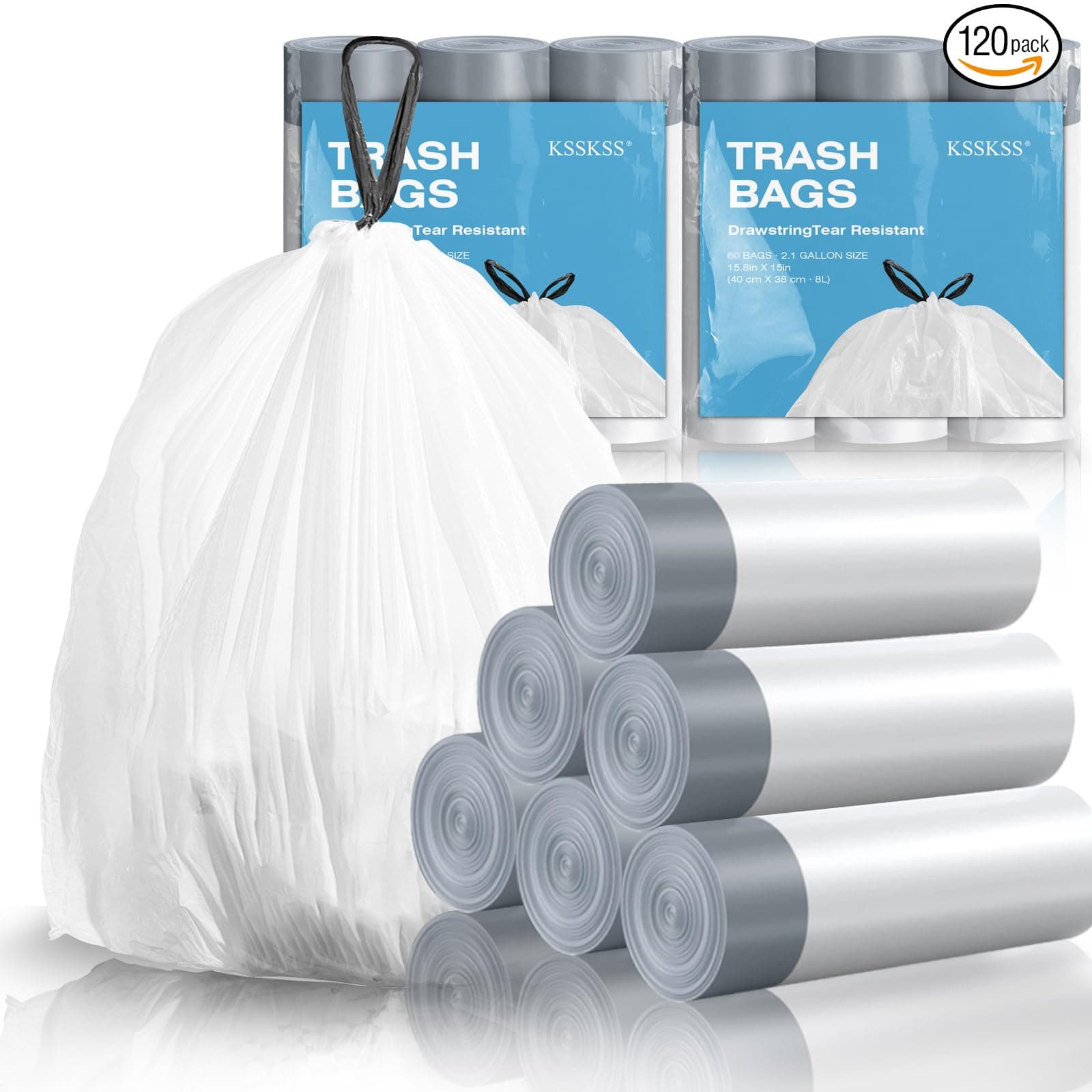 120-Count Mini Drawstring Trash Bags, 1.6 Gallon, 15.7 x 15.7 Inch, White, HDPE Material, for Home, Office, Kitchen, Bathroom, 6 Rolls (1.6 Gallon Trash Bags (Pack of 120))