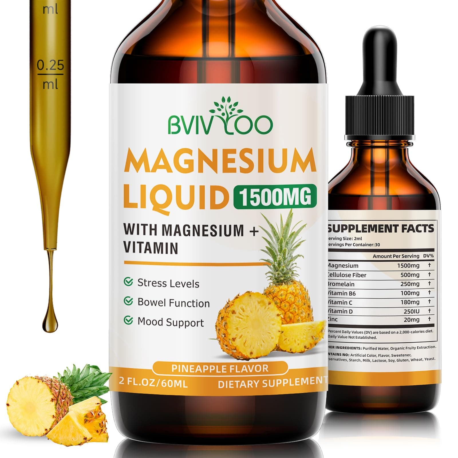 Magnesium Glycinate Liquid, High Absorption Magnesium Liquid Drops with Cellulose Fiber, Bromelain, Vitamins B6 C D & Zinc, Magnesium Supplement for Adults & Kids, Pineapple Flavor - 2 Fl Oz