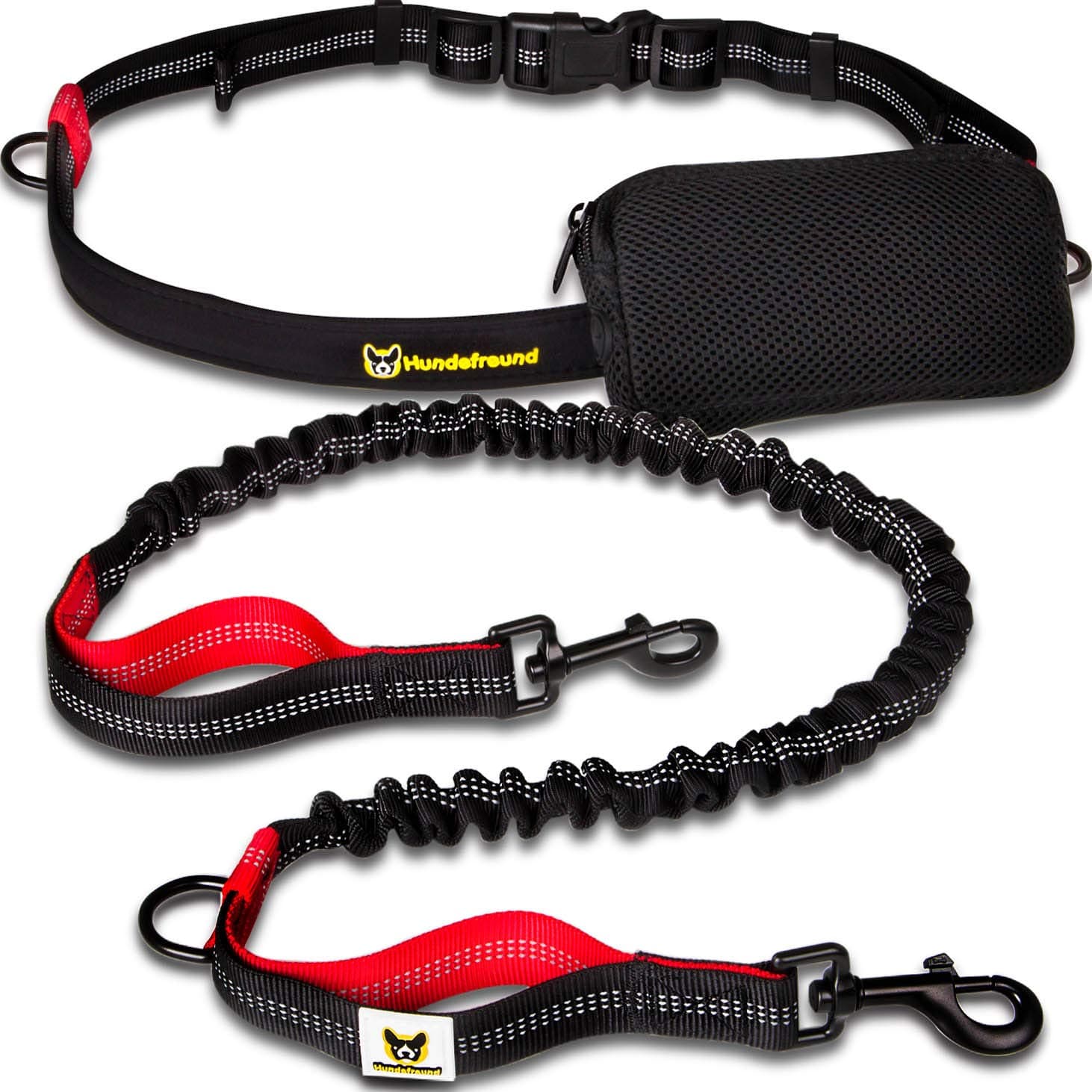 Premium dog lead, 120 cm to 200 cm | Elastic reflective, tearproof, upholstered hip pad, hip bags | hands , running, walking and hiking.