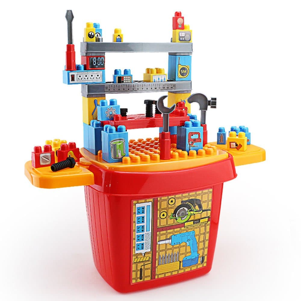 Color Kids Workshop Deluxe Simulation DIY Repair Disassemble Tool Set Role Kits Pretend Play Toys Plastic Portable Playset with Working Desk Red, X-Small