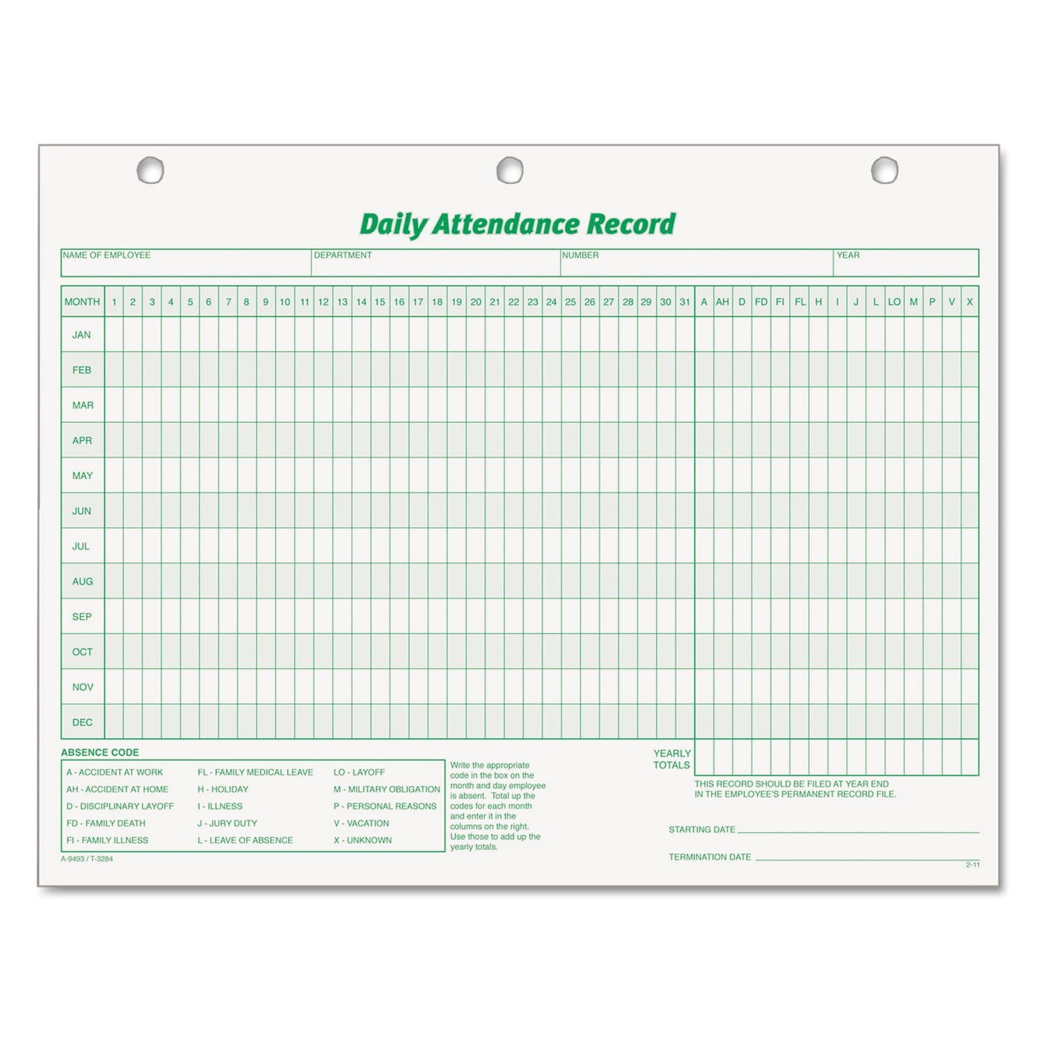 TOPS Daily Attendance Record, Loose-Leaf Style, 8.5 x 11 Inches, 50 Forms per Pack (3284)
