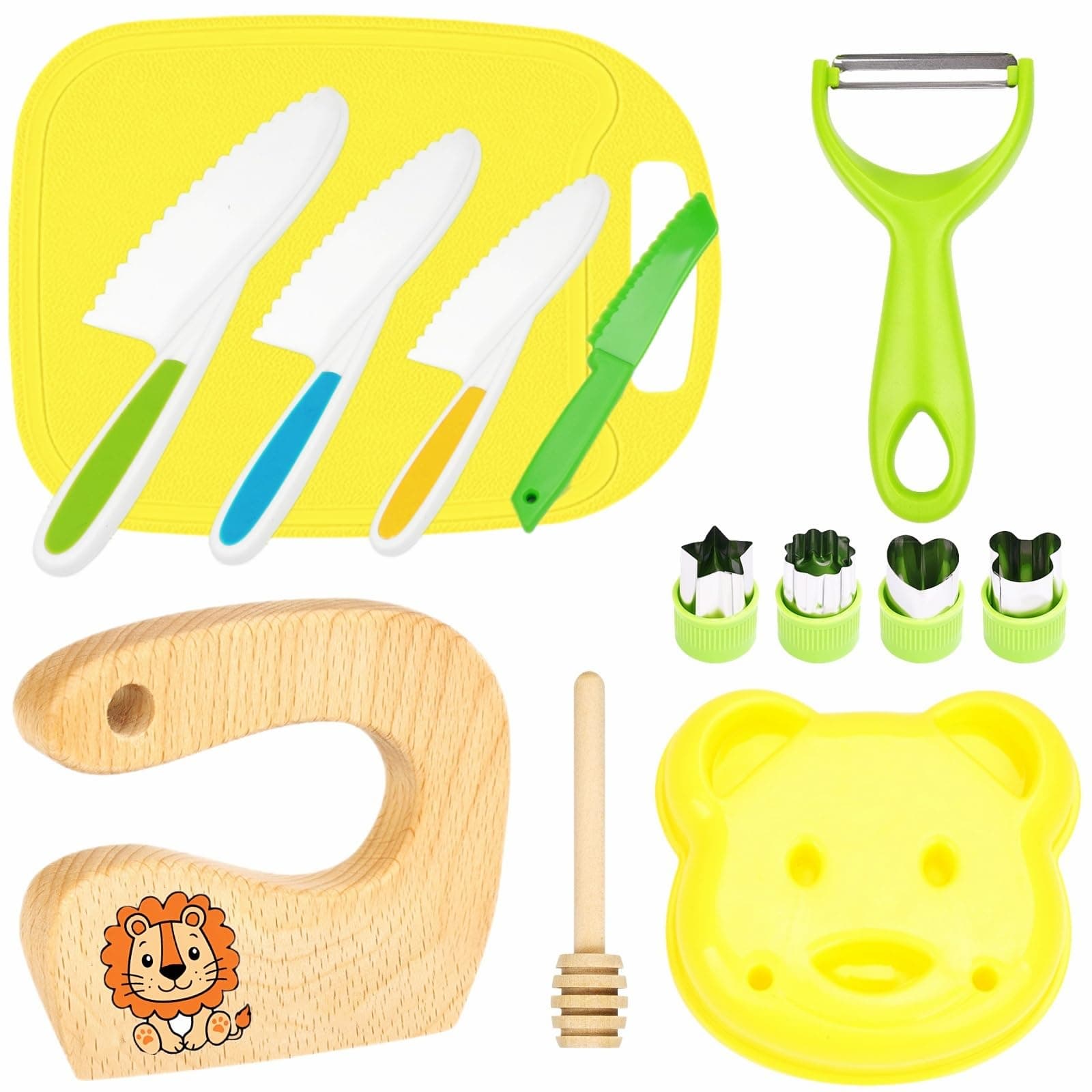 Kids knife Set Toddler Safe Knives Set for Real Cooking with vegetable cutters, wooden knife - Perfect Christmas or birthday present for children aged 2 and over (13pcs yellow lion)