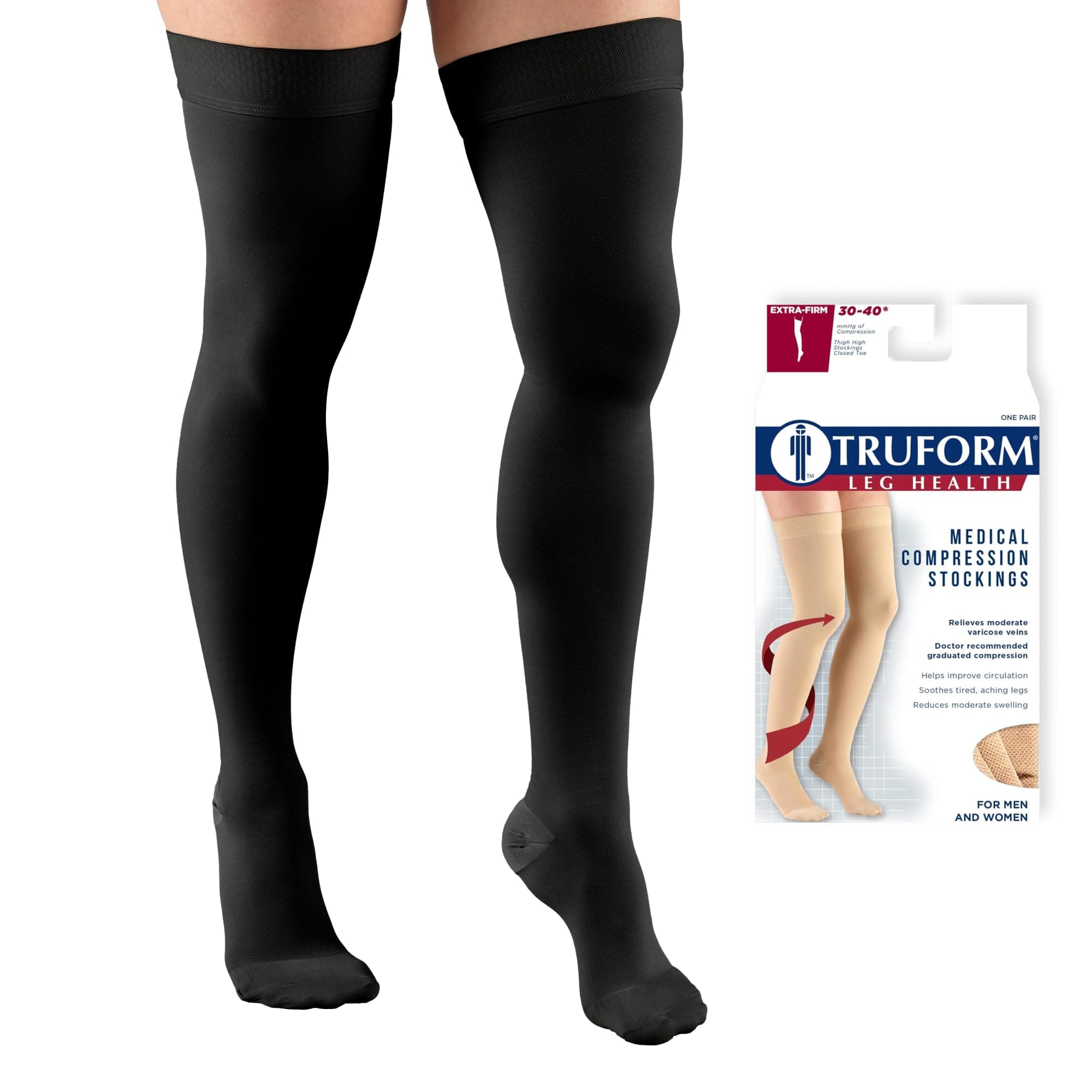 30-40 mmHg Compression Stockings for Men and Women, Thigh High Length, Dot-Top, Closed Toe, Black, Large