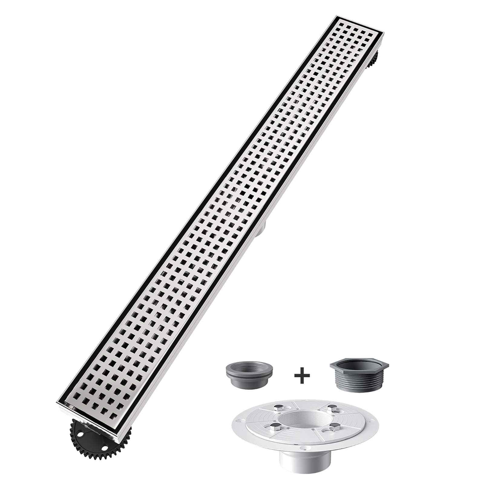 USHOWER 24-Inch Linear Shower Drain with Removable Square Pattern Grate, SUS304 Stainless Steel, Includes Flange Base & Hair Strainer, Brushed Nickel