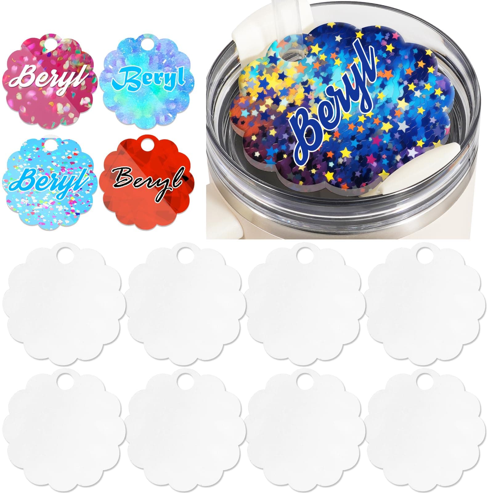 ToBeAce Sublimation Name Plate Blanks Acrylic for Stanley 40 oz Tumblers H2.0 & H1.0, Topper Personalized Tag Customized Cup, Round Lace 3.2''L x 3.2''W 8 Pcs (NOT 30/20 oz), SUB-A001