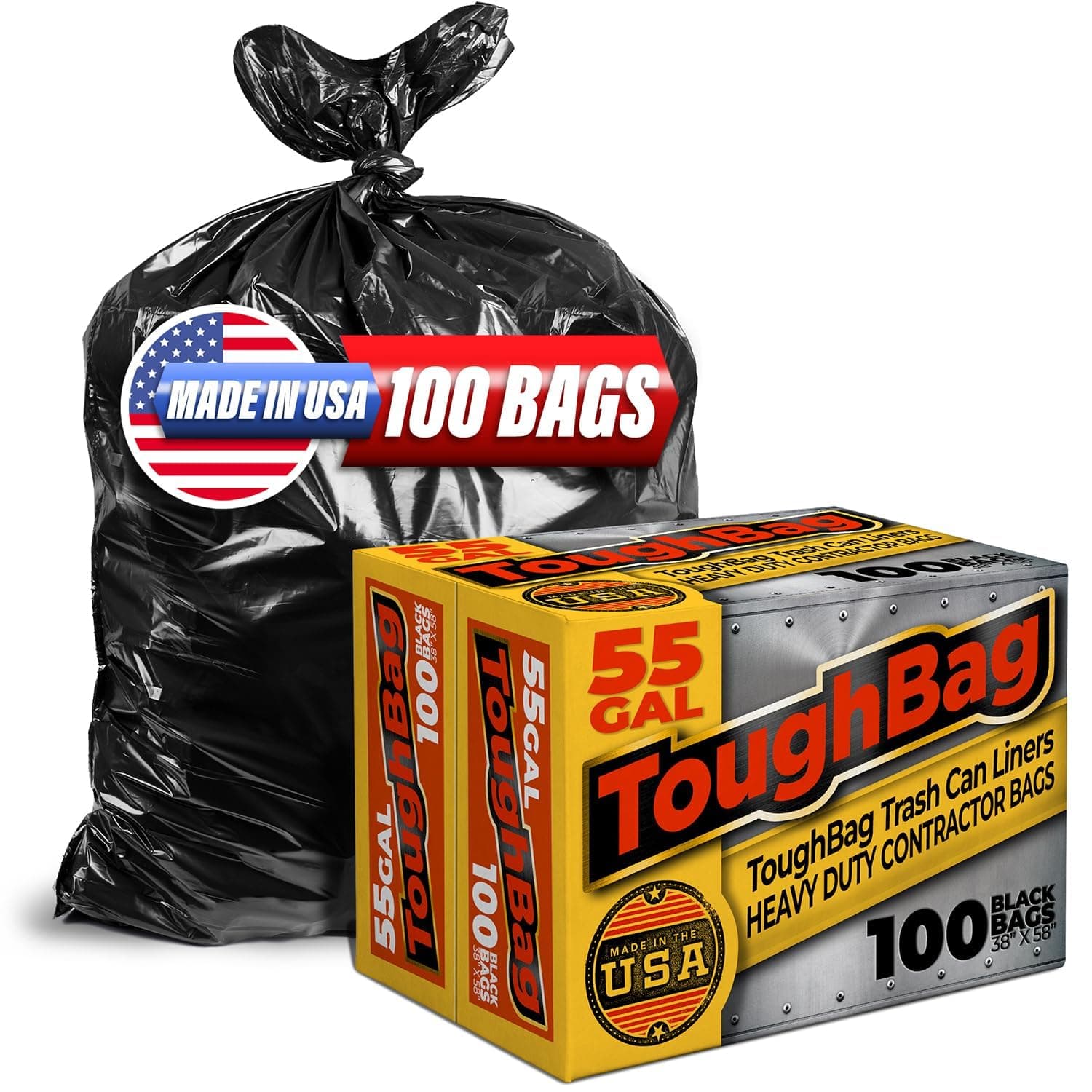 ToughBag 55 Gallon Trash Bags Heavy Duty (100 Count) - 50-60 Gallon Black Garbage Bags, Large Trash Bags - 38 x 58" - Made in USA