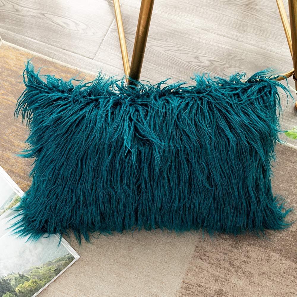 OJIA Deluxe Home Decorative Super Soft Plush Mongolian Faux Fur Throw Pillow Cover Cushion Case (12 x 20 Inch, Teal Blue)