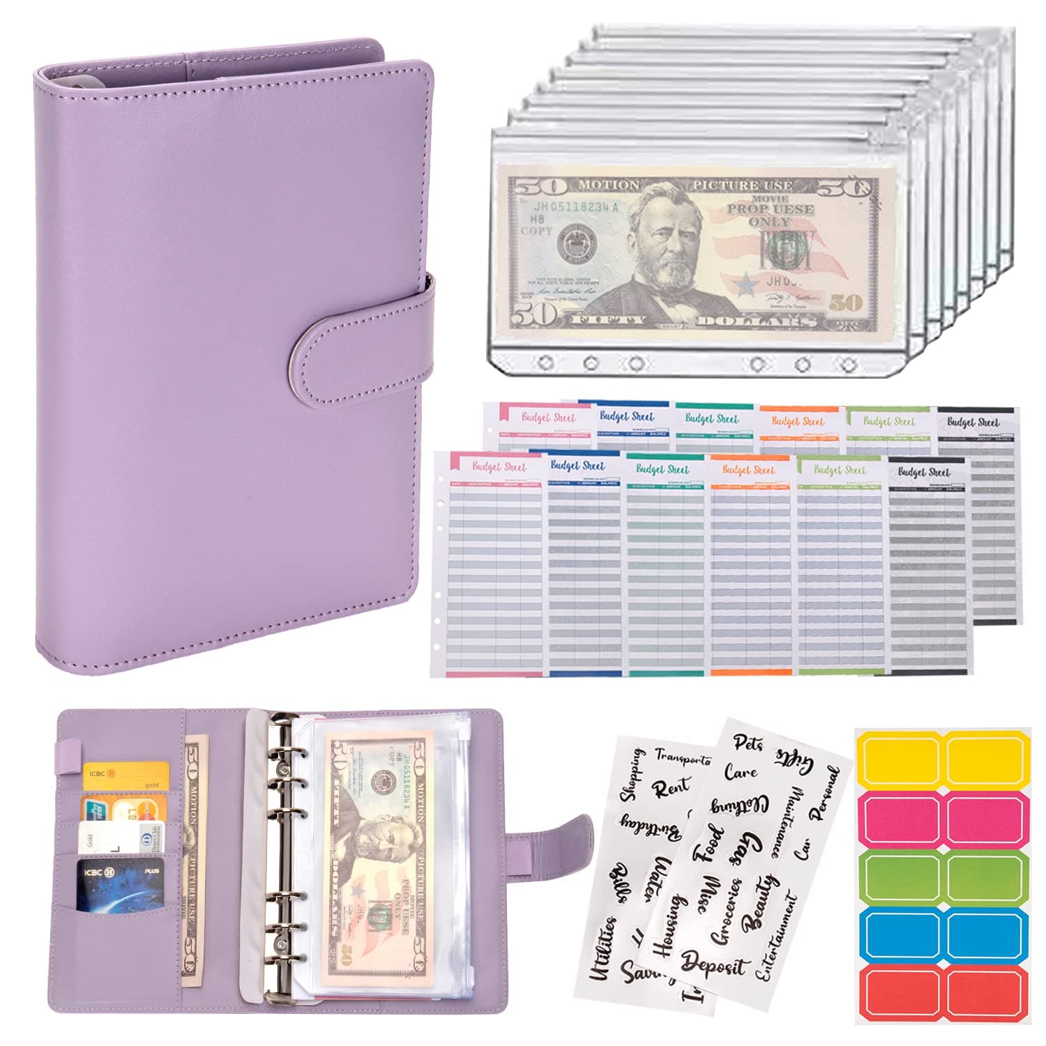 NICOOTHBudget Binder Cash Envelopes A6 Money Saving Binder with Zipper envelopes (Purple)