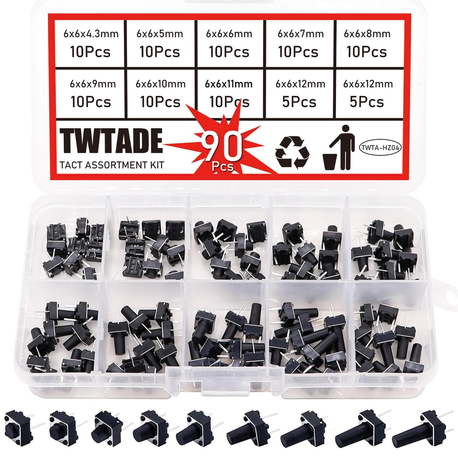TWTADE 90PCS 2 Pin Tactile Switch Micro Momentary Tact Push Button Switch Assortment Kit 6 x 6 x 4.3/5/6/7/8/9/10/11/12mm(Each Values 10pcs) QC-9V-2P