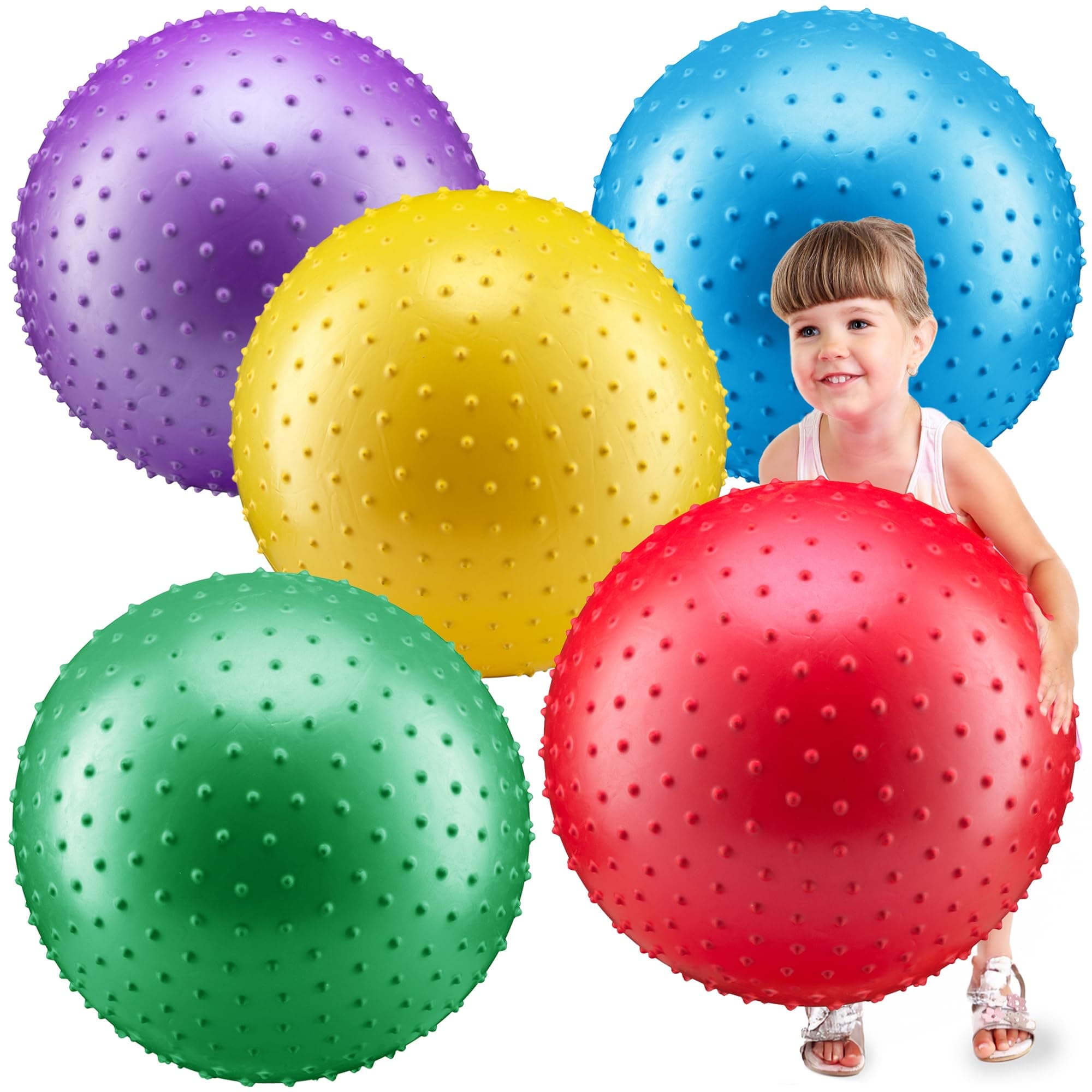 Bedwina Big Knobby Balls - (Pack of 5) 18 Inch Fun Bouncy Balls for Toddlers and Kids – Plus Added Hand Air Pump, Great for Tactile Sensory Balls, Spiky Stress Ball, Fidget Toys, and Party Favors