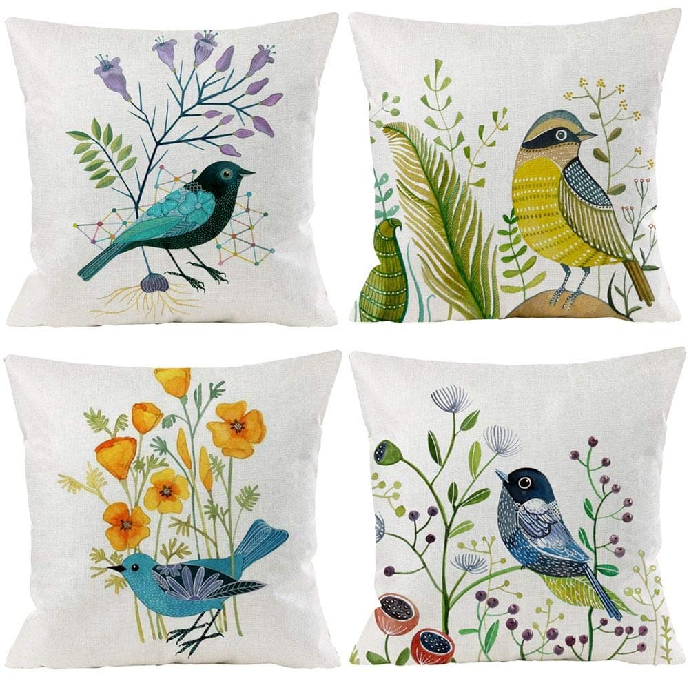 Bird Decorative Pillow Covers Spring Style Throw Pillow Cover Cushion Case Outdoor Flower Bird Set for Sofa Bed Couch Car Office 18x18 Inch Set of 4