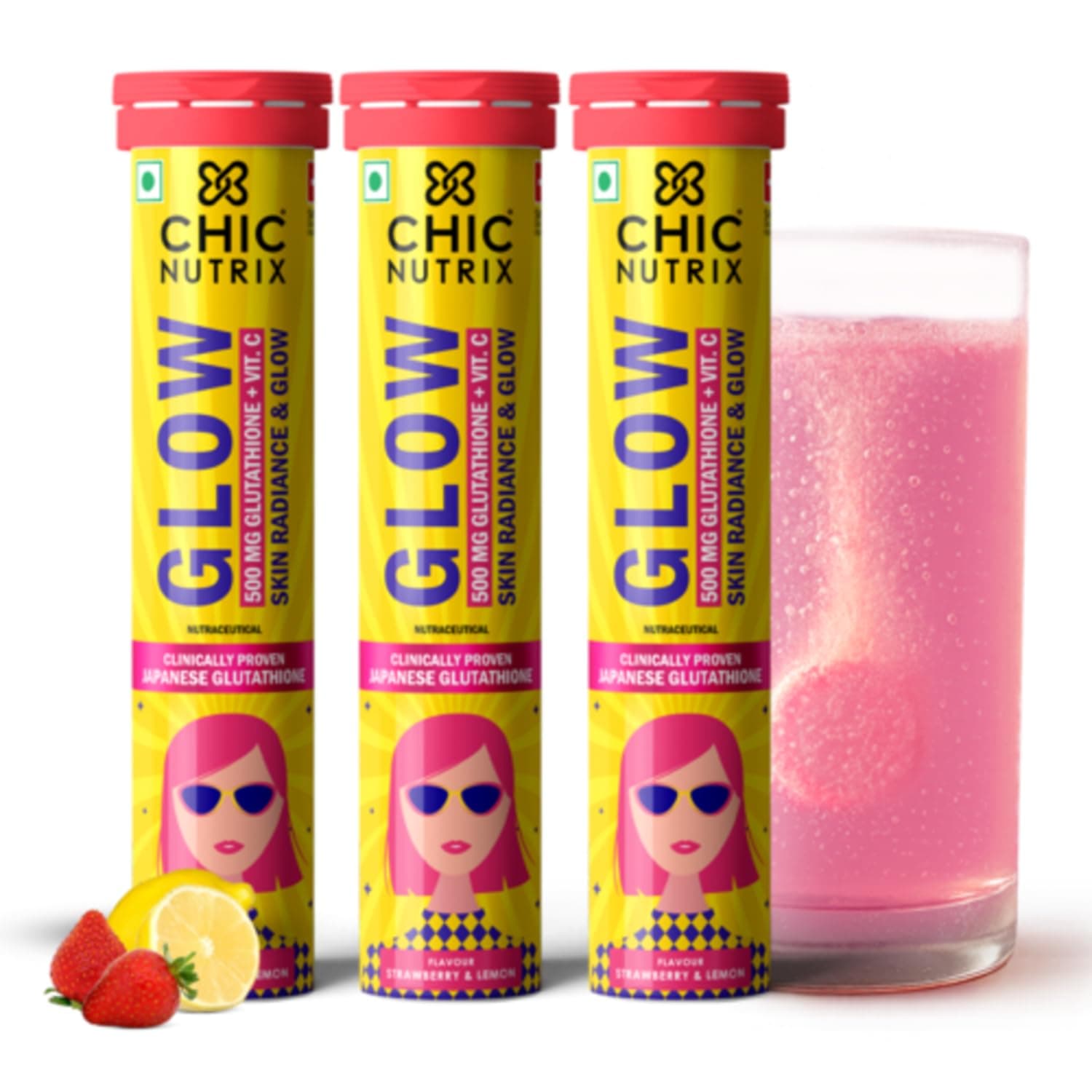 Chicnutrix Glow Glutathione Effervescent Tablets with Vitamin C |Japanese Glutathione 500mg For Radiant, Even-Toned and Glowing Skin | Sugar-Free| Strawberry Lemon Flavour, 20 Tablets (Pack of 3)