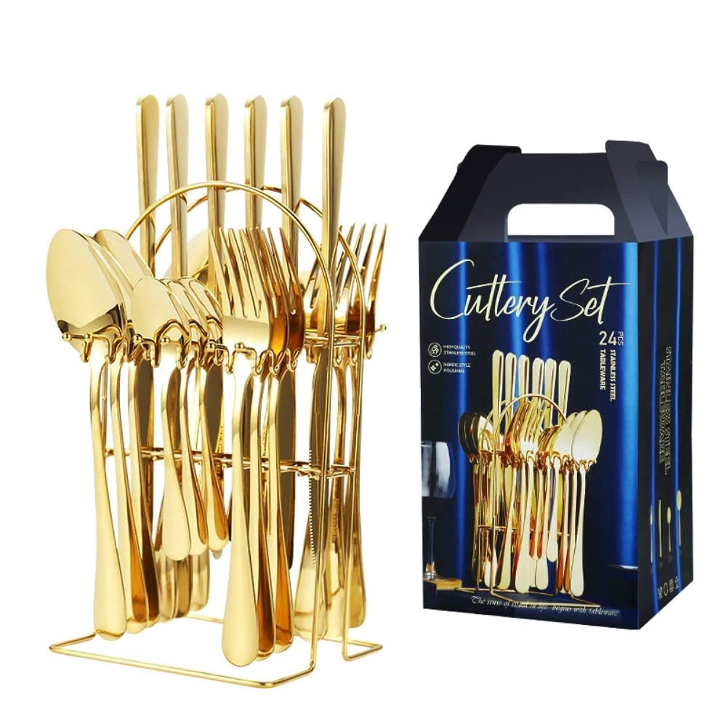 24 Piece Silverware Flatware Set With Stand,Mirror Polished Cutlery Set,(knife, fork, table spoon, tea spoon)*6 sets for 6 people,Noble Gold
