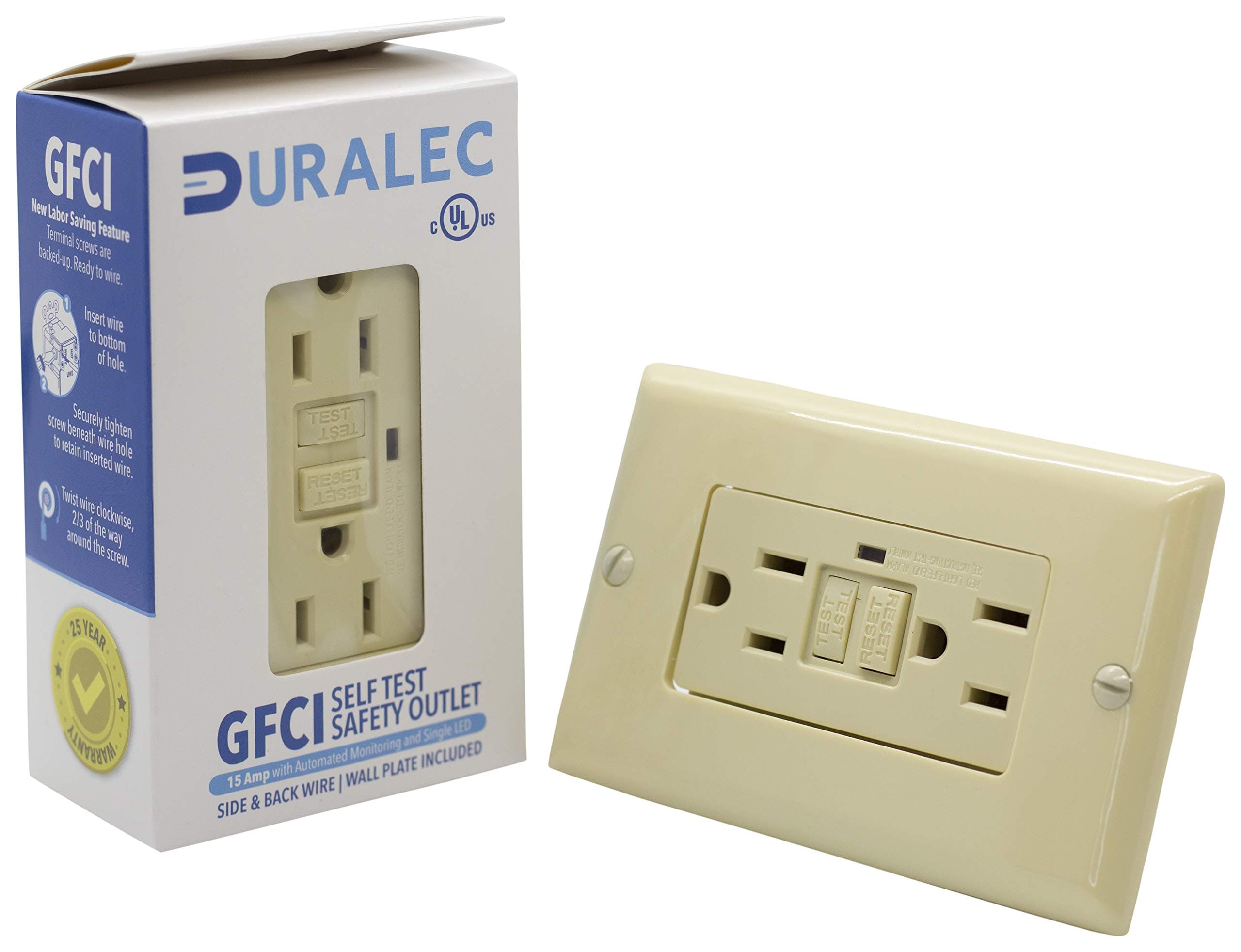 15A Automated Monitoring Single LED GFCI with Cover Plate, Ground Fault Circuit Interrupter for Plug, 15 AMP GFI Receptacle with Decora Cover Plate, UL/DLC Premium Listed, (201501-Ivory)