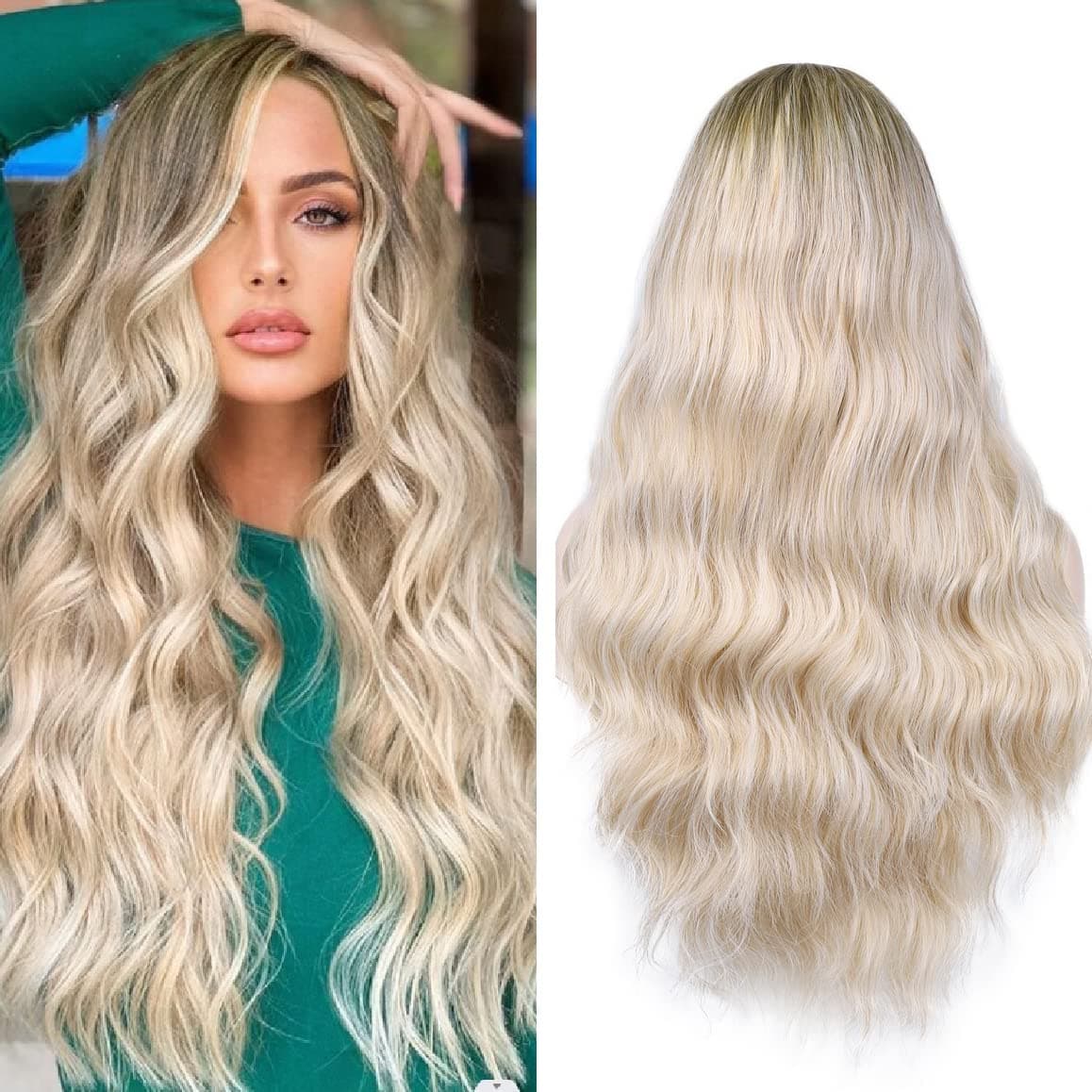 Hanne Fashion Ombre Wig Long Wavy Synthetic Wigs Brown to Ash Blonde Loose Wave Middle Part Daily Wig Heat Resistant Fiber Party Cosplay Full Wig for Women