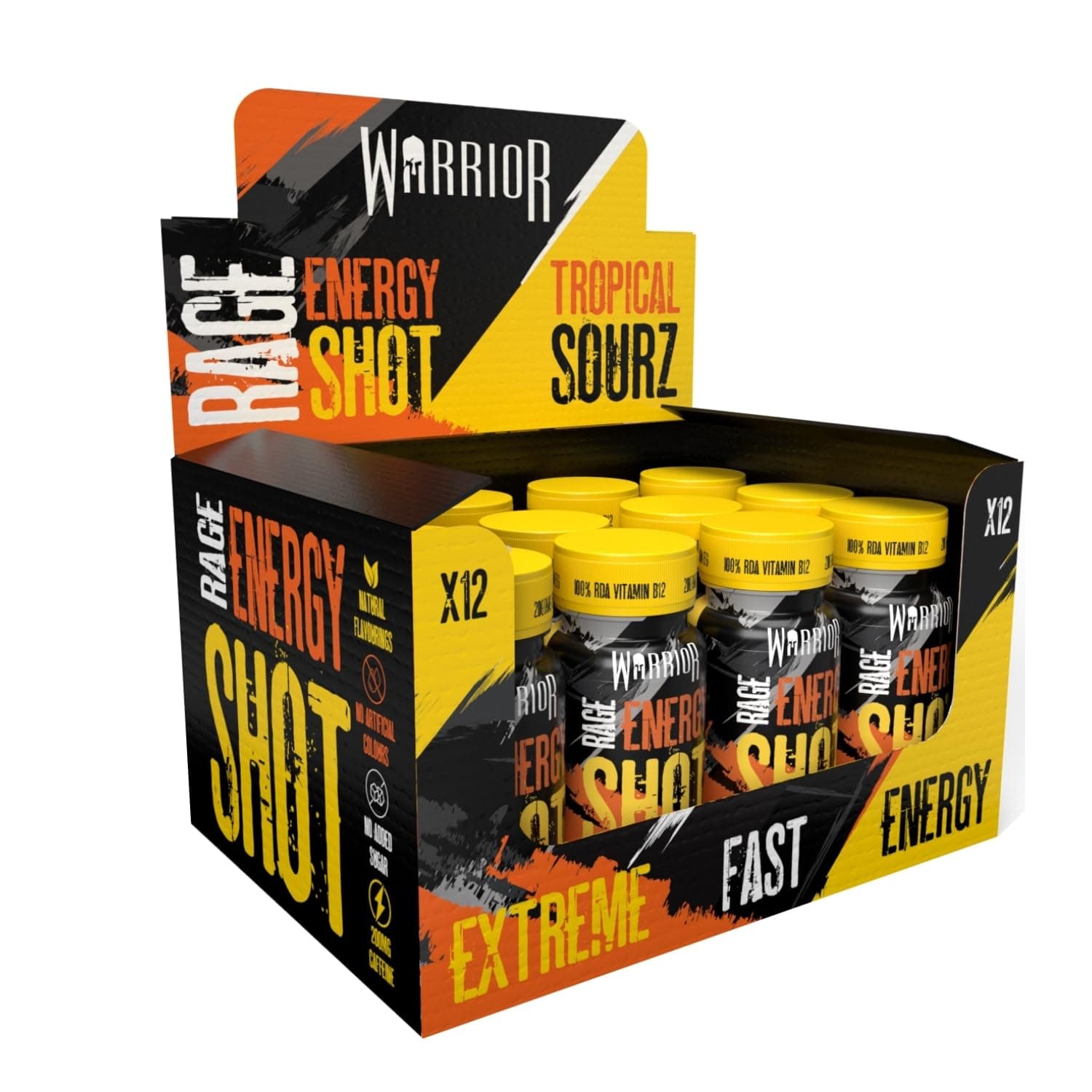Warrior Rage Energy Shots - Pre Workout Shot Drink 12 x 60ml - RTD Fuel Juice Supplement (Liquid not Gels) - 200mg Caffeine to Lift Sessions and Running - Contains Vitamin B6 & B12 (Tropical Sourz)