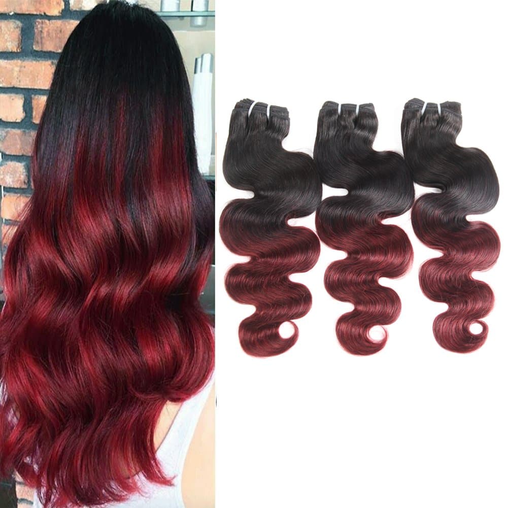 Huarisi 1b/99j Weaves Brazilian Hair Body Wave 3 Bundle Real Ombre Human Hair Extensions Natural Black to Burgundy Double Weft Two Tone 8a Grade Hair 16 18 20 Inches