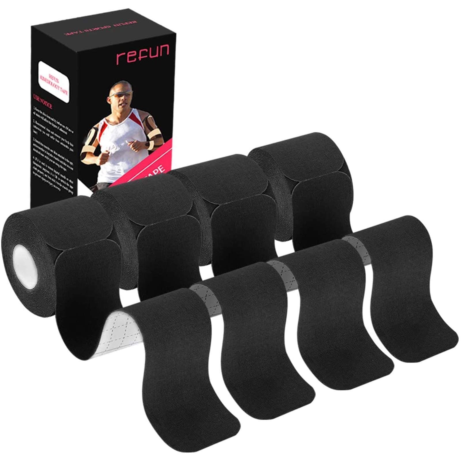 REFUN Kinesiology Tape Precut (4 Rolls Pack), Elastic Therapeutic Sports Tape for Knee Shoulder and Elbow, Pain Relief, Waterproof, Latex Free, 2" x 16.5 feet Per Roll, 20 Precut 10 Inch Strips Black