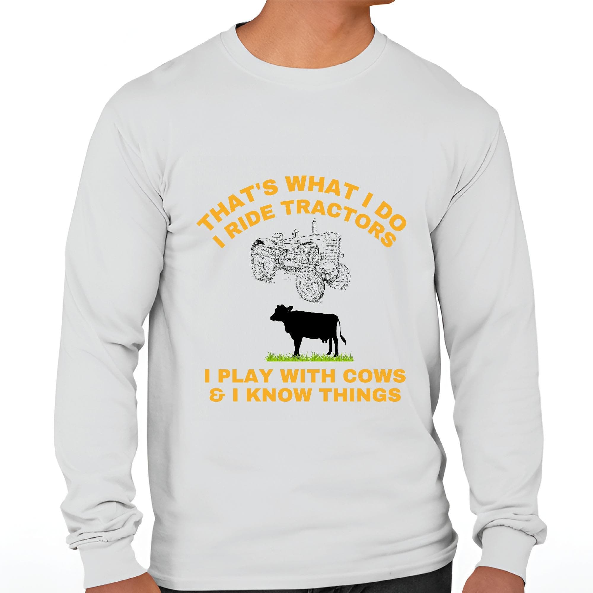 Mens Cows and Tractors Themed forFun Loving Farmers White Muticolor Unisex Long Sleeve T