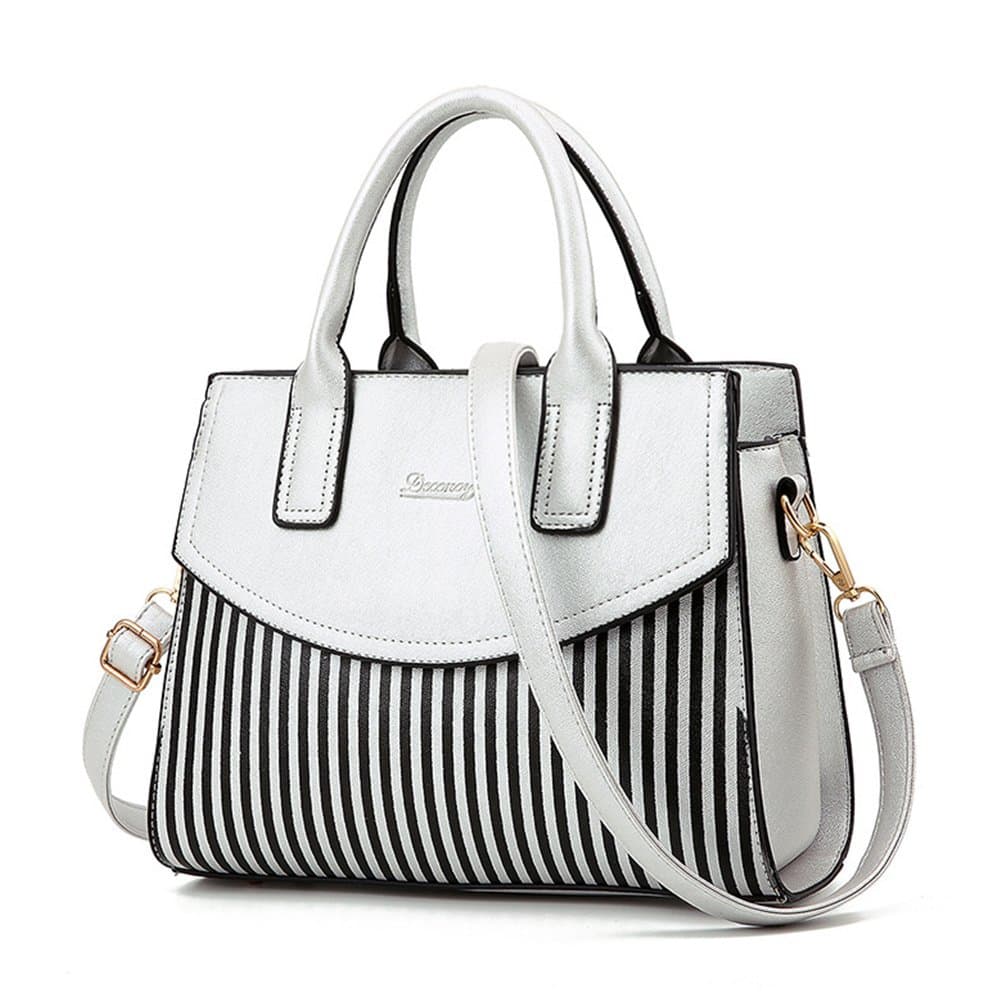 Fashion Stripe Top-Handle Bag, PU Leather Shoulder Bag Message Tote Handbag for Women Ladies (White)