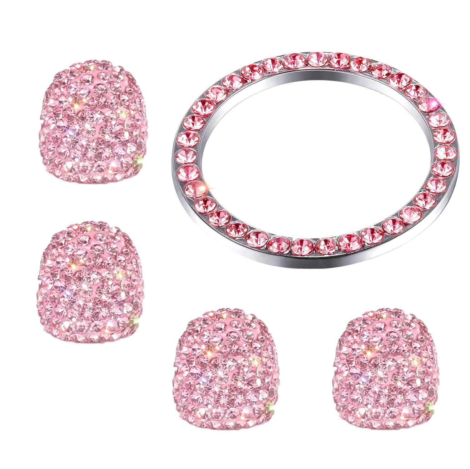 ZhiDeMai Valve Stem Caps 4 Pack Handmade Crystal Rhinestone Dust Caps Universal Tire Valve ，Bling Car Accessories with 1 Piece Ring Emblem Sticker for Ignition Engine Auto Start Button Key (Pink)