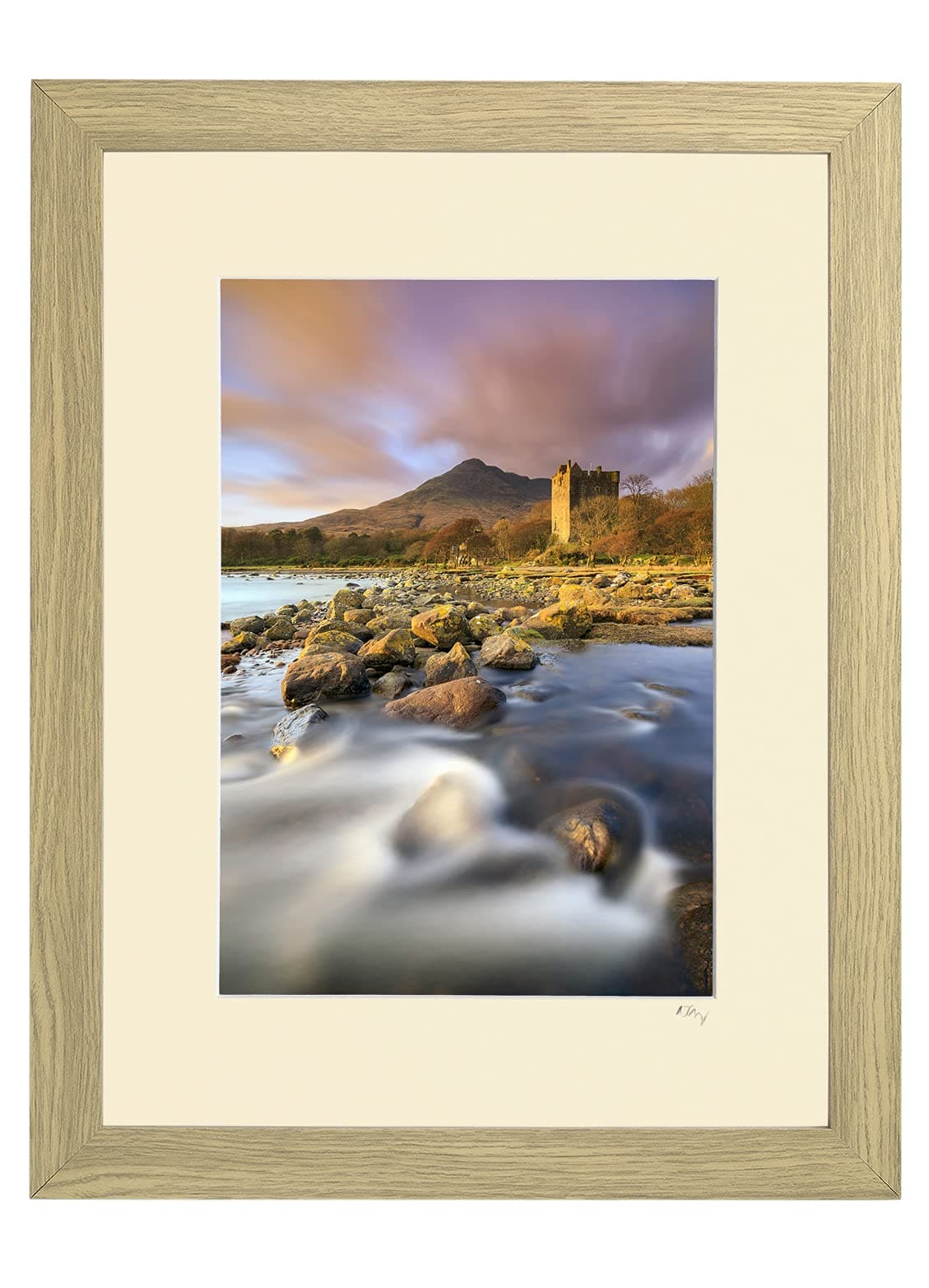 Mounted or framed photograph by Andrew Ray featuring Moy Castle at Loch Buie, Isle of Mull in Scotland.