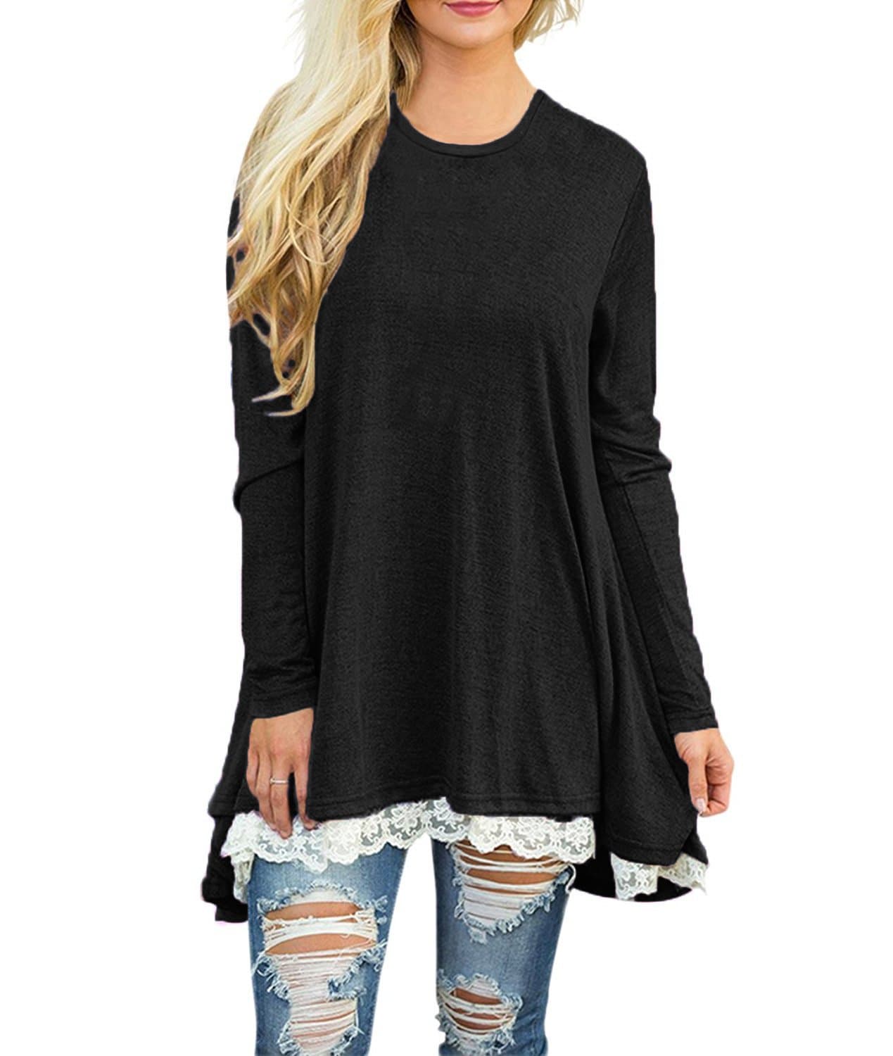 POZON Women's Long Sleeve A-line Lace Stitching Trim Casual Dress (S, P Black Lace)