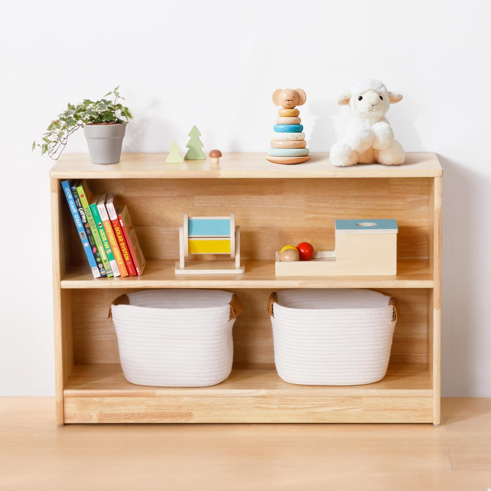 OOOK Rubber Wood Montessori Shelf and Toy Storage, 90 cm Solid Wood Bookshelf and Toy Organizers, 2-Tier Storage Cabinet Shelves and Kids Bookcase for Classroom, Kindergarten, Kids Room, Playroom
