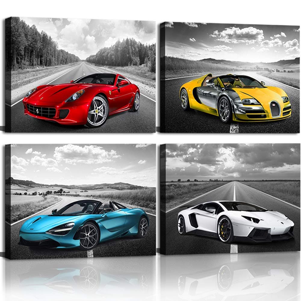 Car Poster Decor Black and White Wall Art Framed Car Art for Teen Boys Man Bedroom Décor Sports Posters Ferrari Lamborghini McLaren Bugatti Canvas Posters for Office Room Decor Gift for Teen Boys
