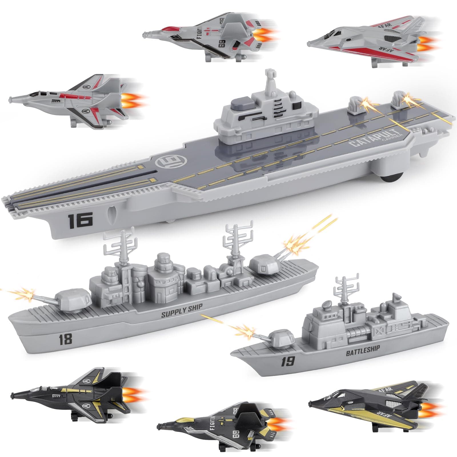 deAO Military Naval Ship Aircraft Carrier Toy Play Set with Small Scale Model Planes, Battleship, and Supply Ship Included, Army Toys, Aeroplane Toy for Kids 3+