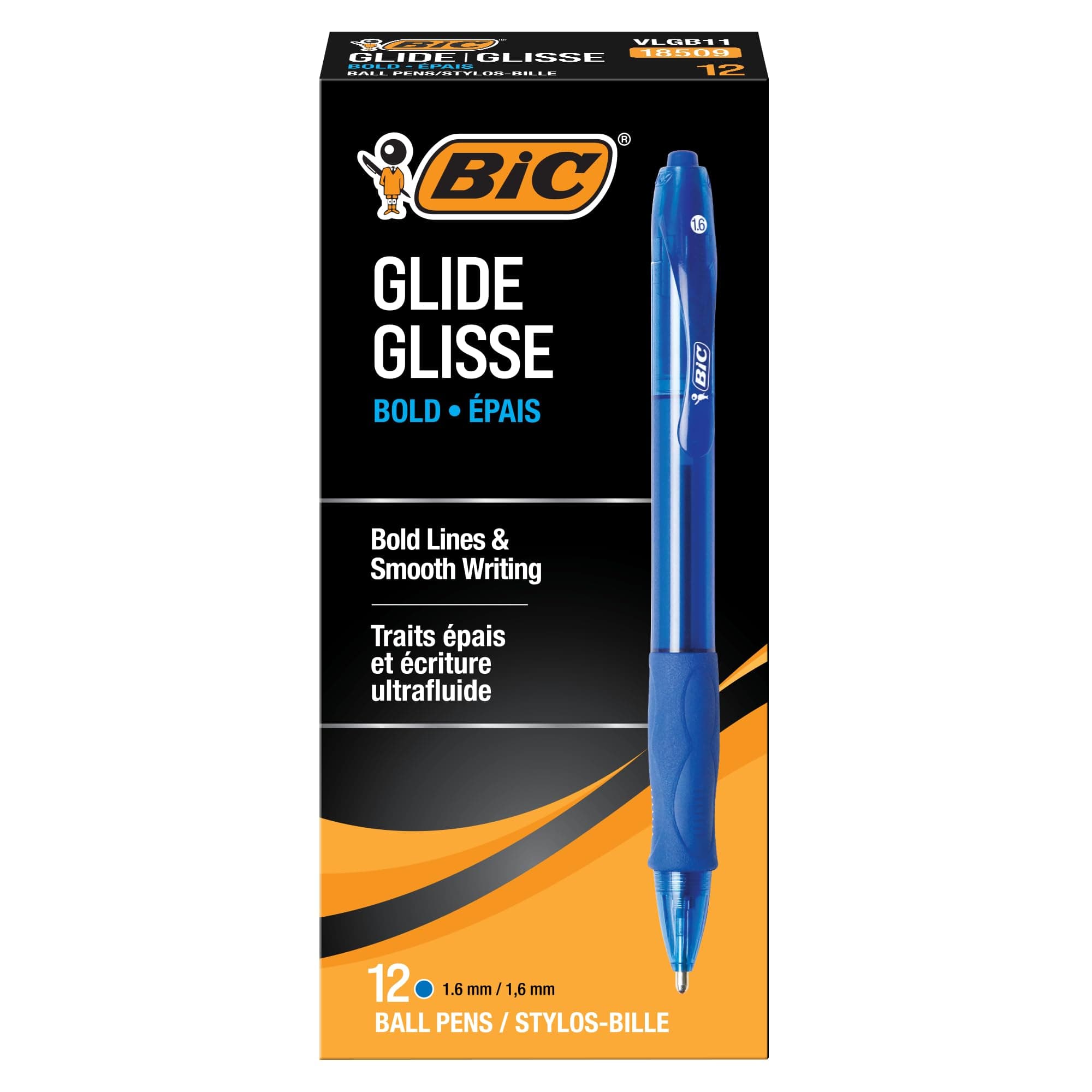 BIC Glide Bold Blue Ballpoint Pens, Bold Point (1.6mm), 12-Count Pack, Retractable Ballpoint Pens With Comfortable Full Grip