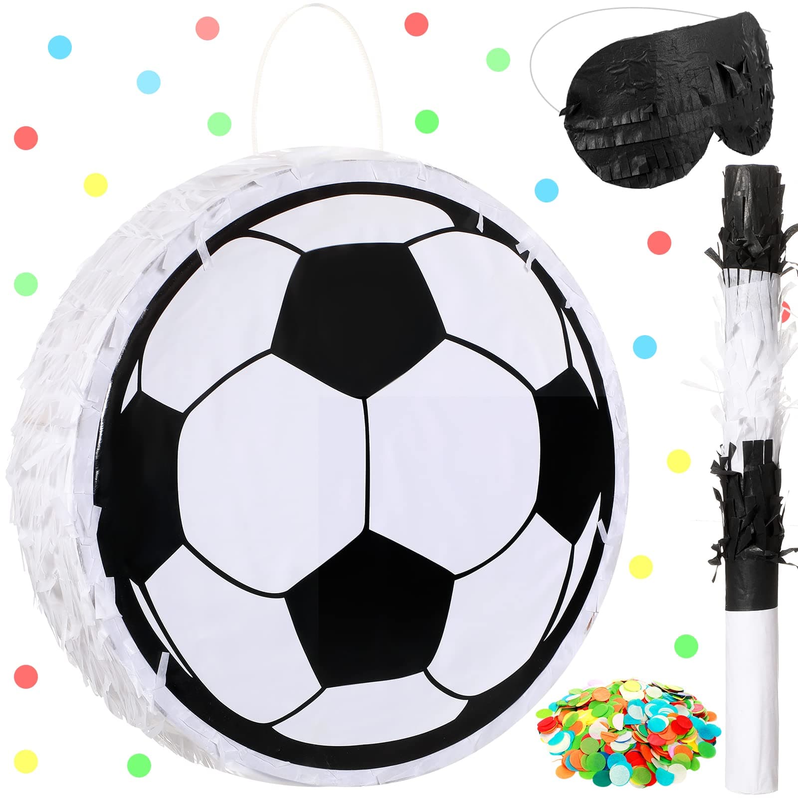 SratteSoccer Pinata With Stick, Blindfold and Confetti - Ball Shaped for Kids Birthday Decoration, Sport Themed Party Supplies, 11.8 x 11.8 x 3 Inch