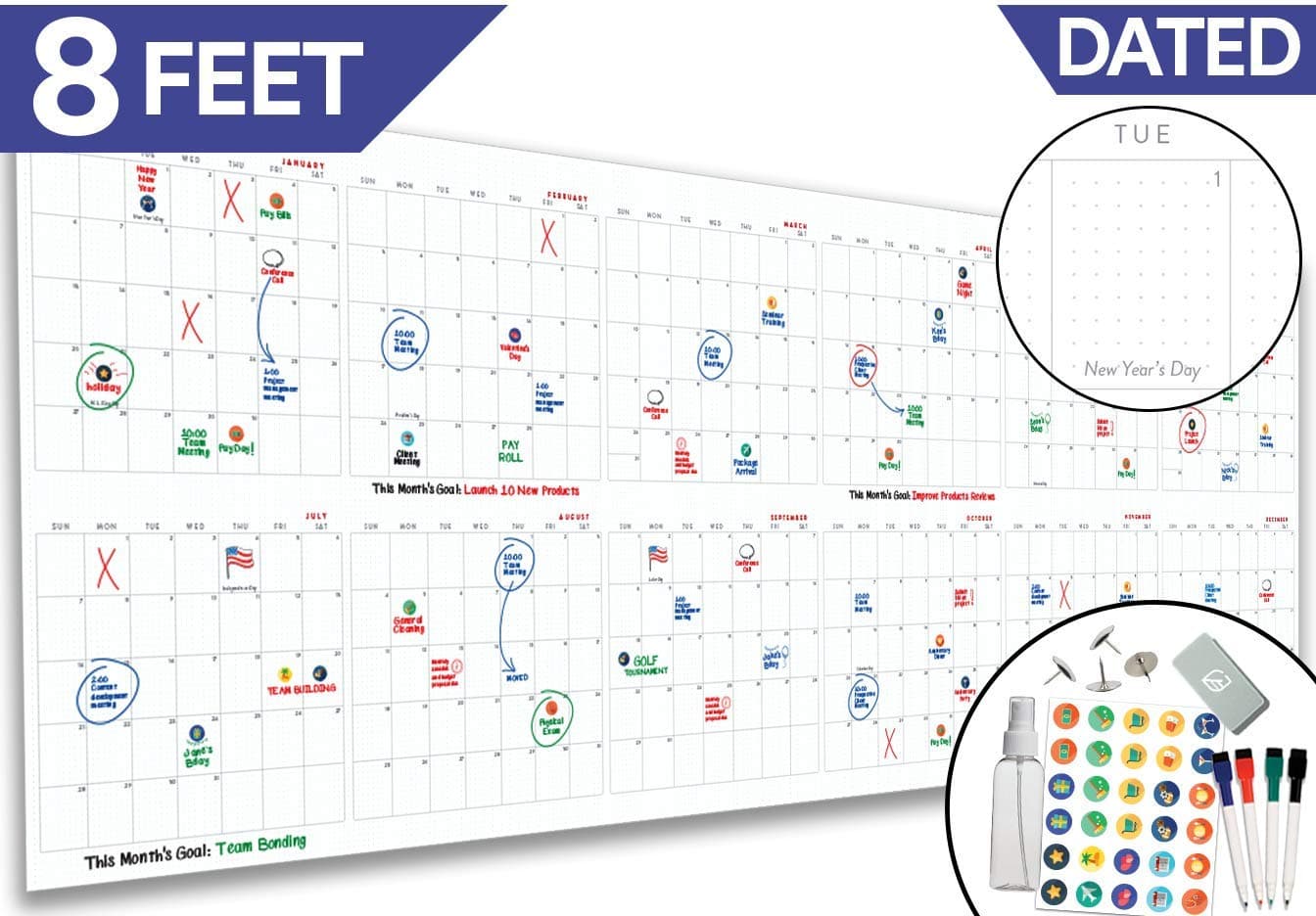 Large Dry Erase Wall Calendar - 36" x 96" - 2019 Dated Giant Yearly Whiteboard Poster - Reusable Annual Year Planner - Laminated Office Jumbo 12 Month Calendar