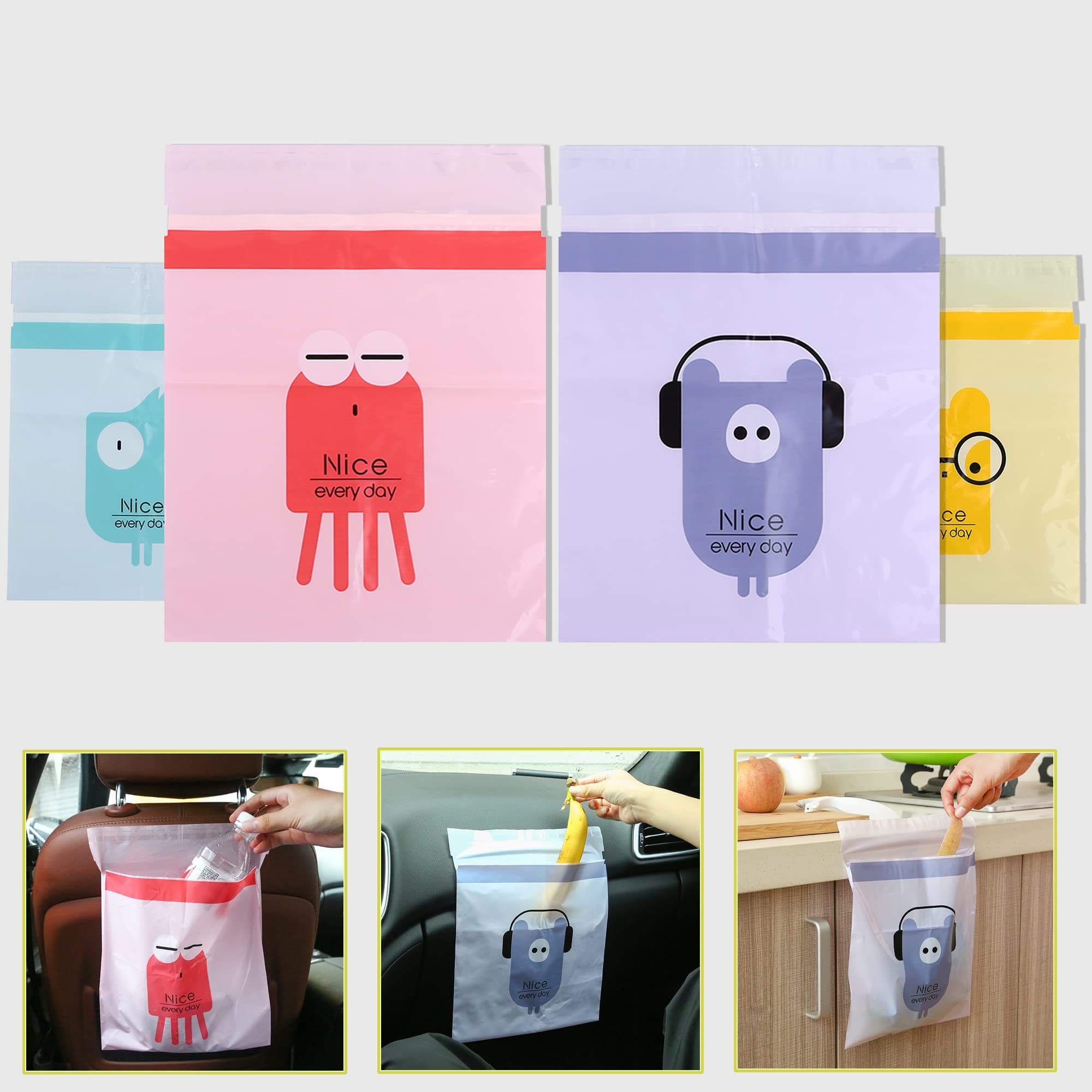 SALEMAR Hanging Car Trash Bags 30 PCS Leakproof Garbage Bags for Car, Easy Stick-On Waste Bags for Kitchen, Study Room, Long Term Travel, Family with Children(Nice Everyday)