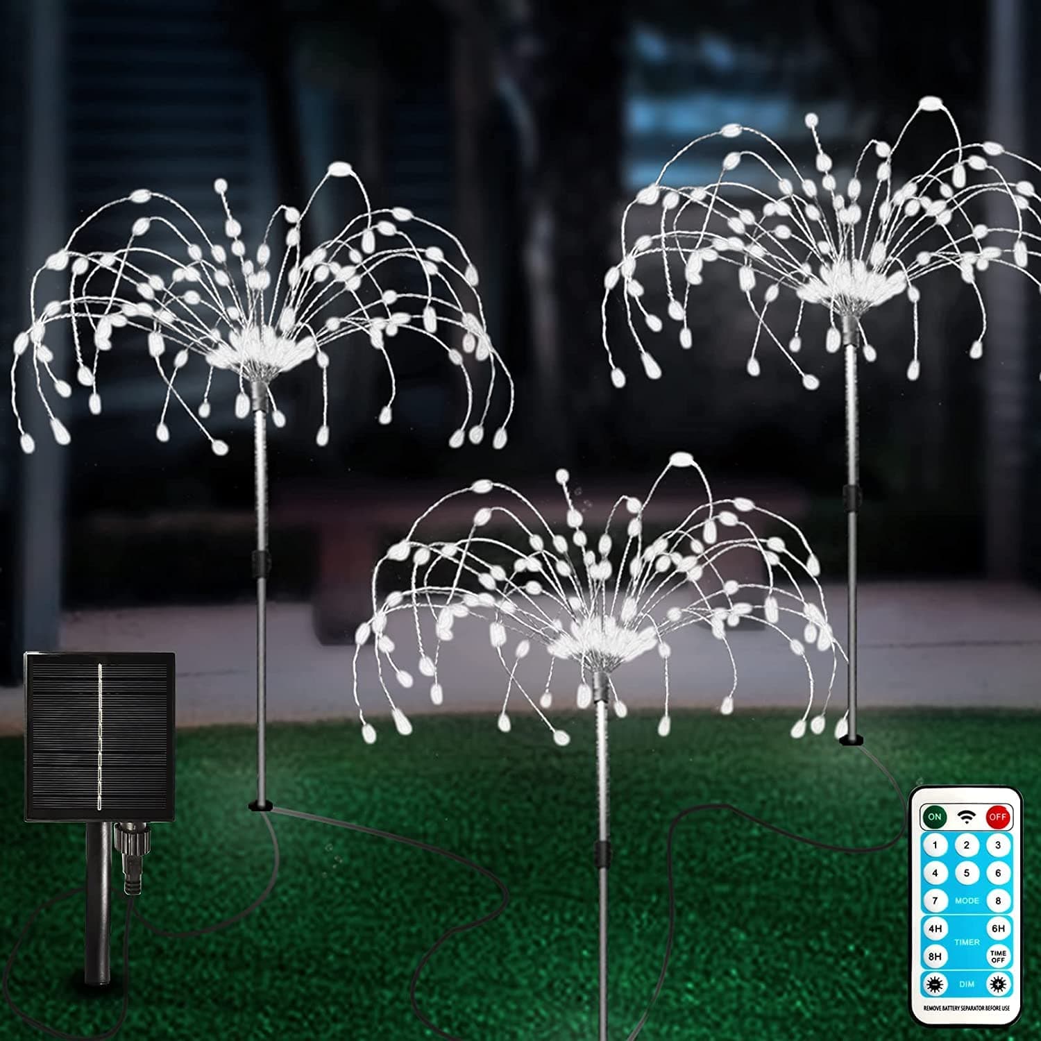 Solar Garden Lights Outdoor 3 Pcs Solar Fireworks Garden Lights Solar Lamp with Remote Control 8 Modes 120 LEDs Waterproof Outdoor Lamp Garden Lights Lawn Backyard Flower Boxes Pathway Cool White