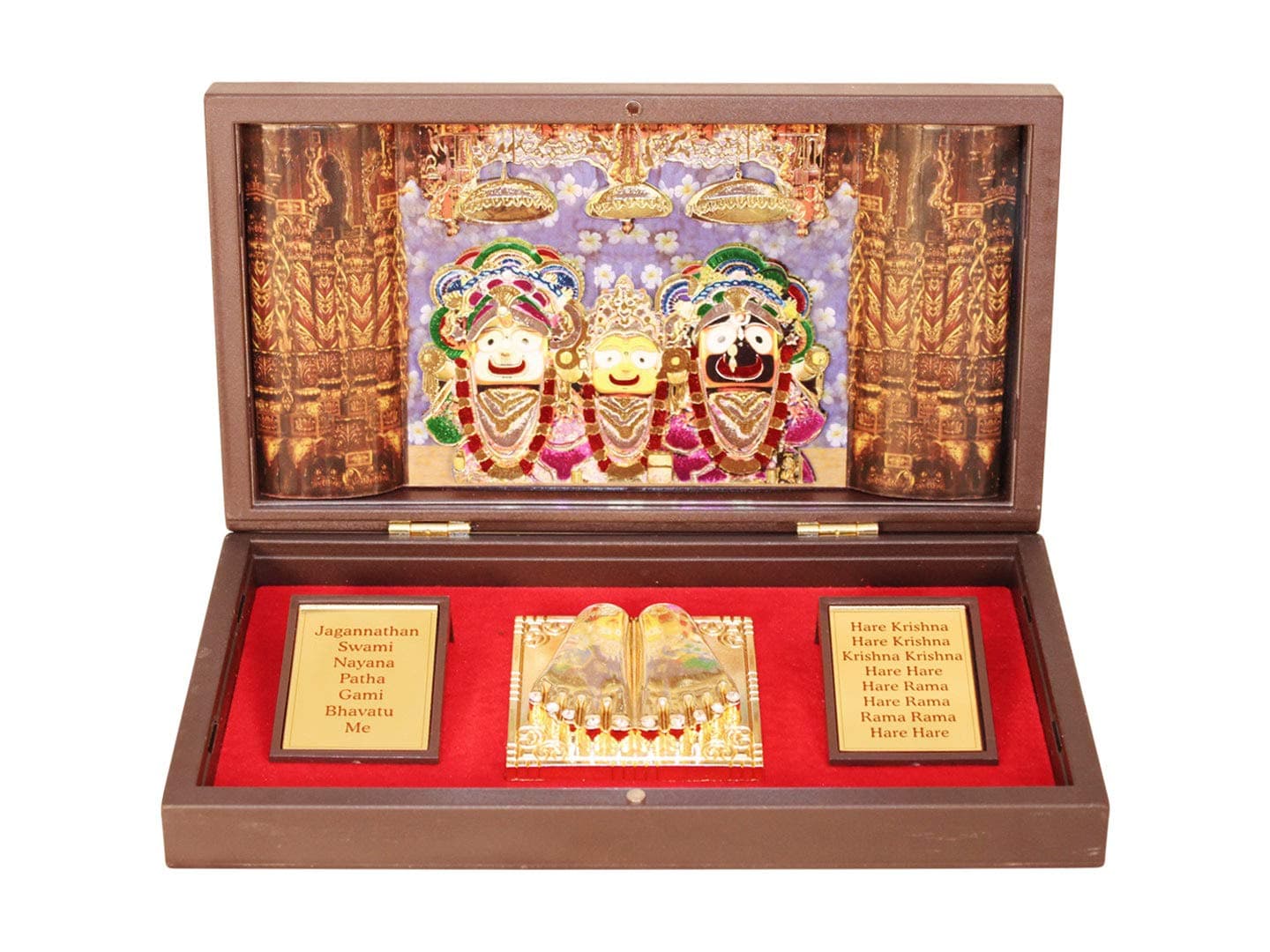 GoldGiftIdeas 24K Gold Plated Shree Jagannath Puri Photo Frame with Charan Paduka, Return Gift for Indian Pooja, Shri Krishna with Subhadra and Balram (3D Frame) for Housewarming 21 x 11.5 CM