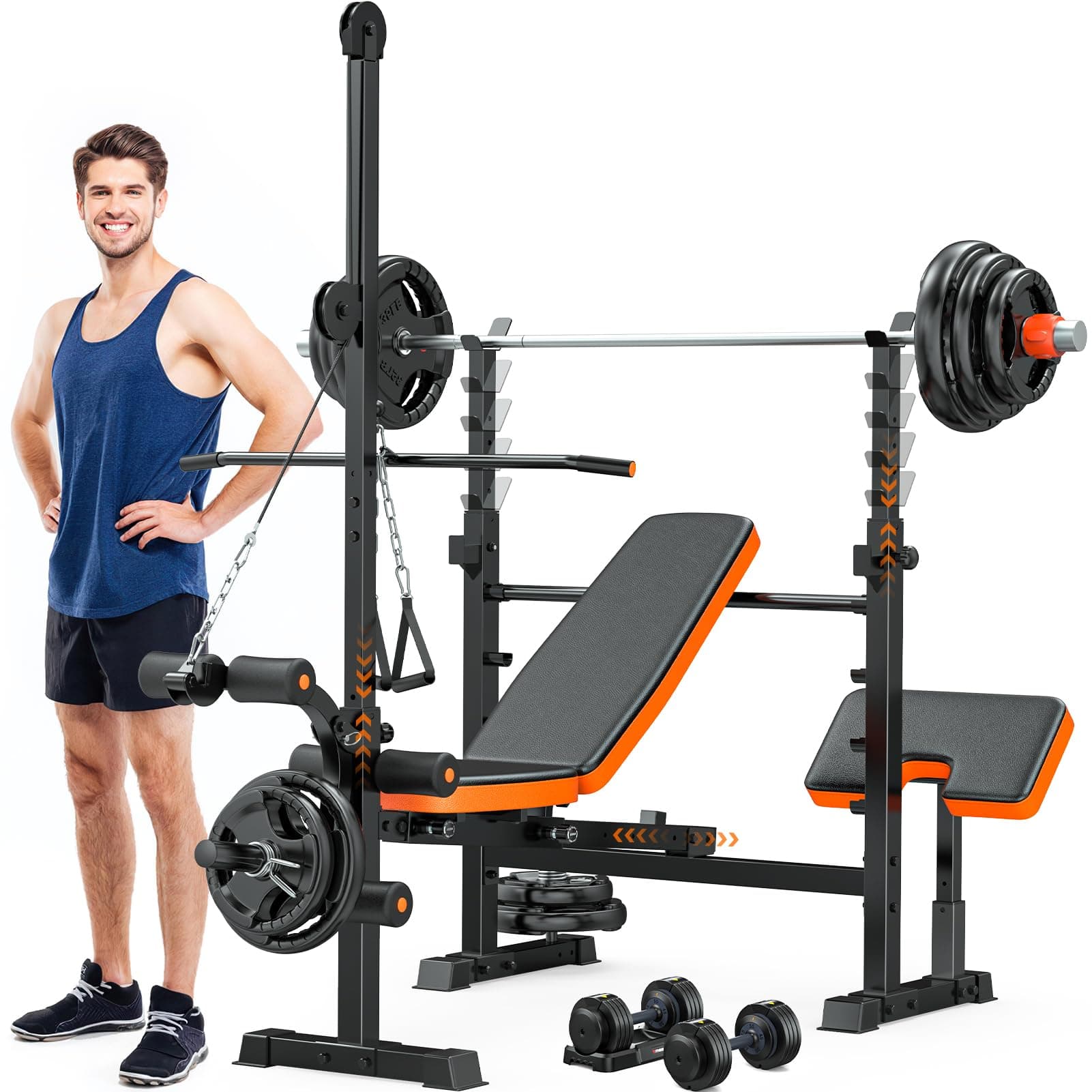 Fostoy 880lbs Weight Bench Set with LAT Pulldow, Bench Press Rack with Leg Extension/Curl and Preacher Curl, 8 in 1 Olympic Weight Benches for Home Gym Full-Body Adjustable Strength Training Equipment