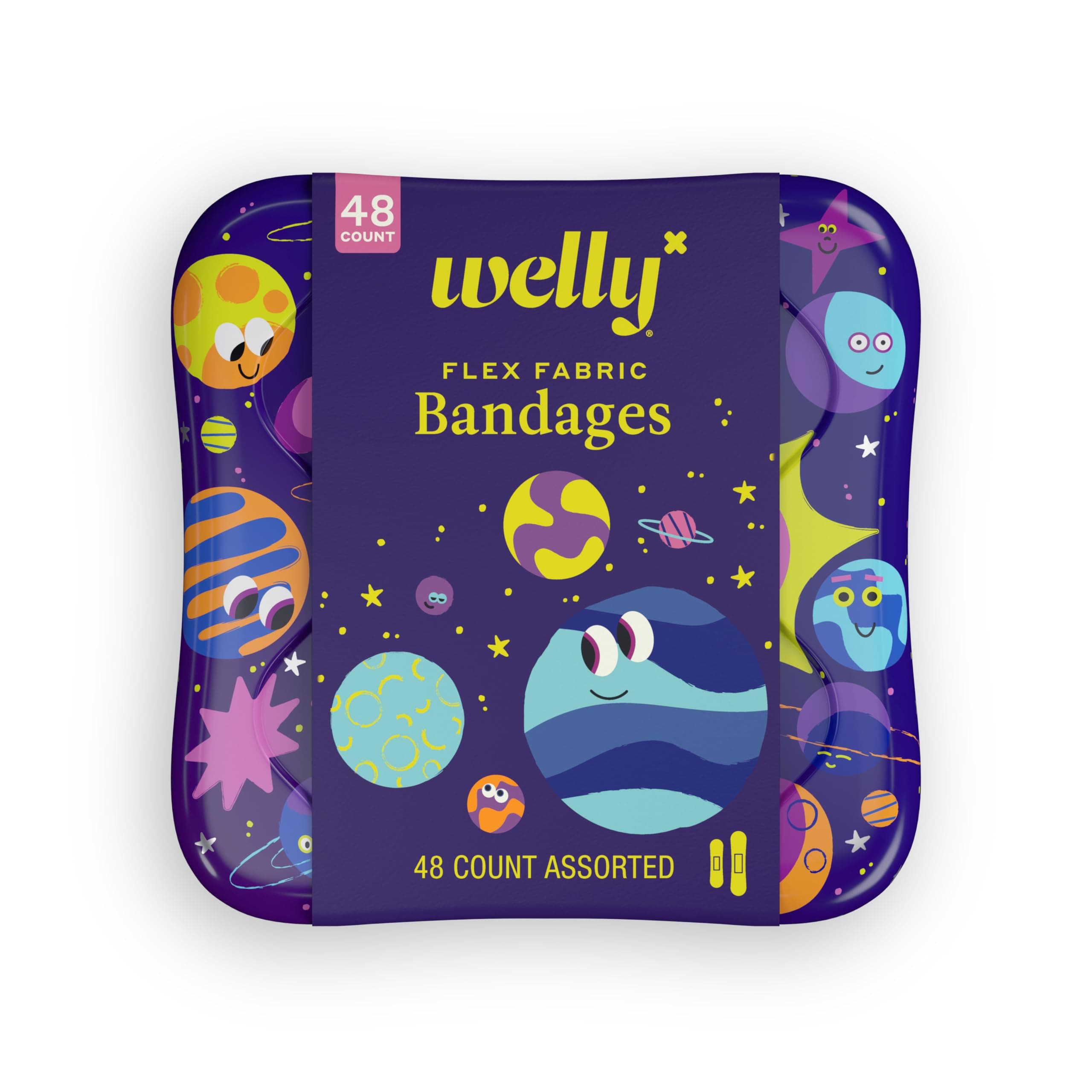 Bandages | Adhesive Flexible Fabric Bravery Badges | Assorted Shapes for Minor Cuts, Scrapes, and Wounds | Colorful and Fun First Aid Tin | Planet Pals Patterns - 48 Count