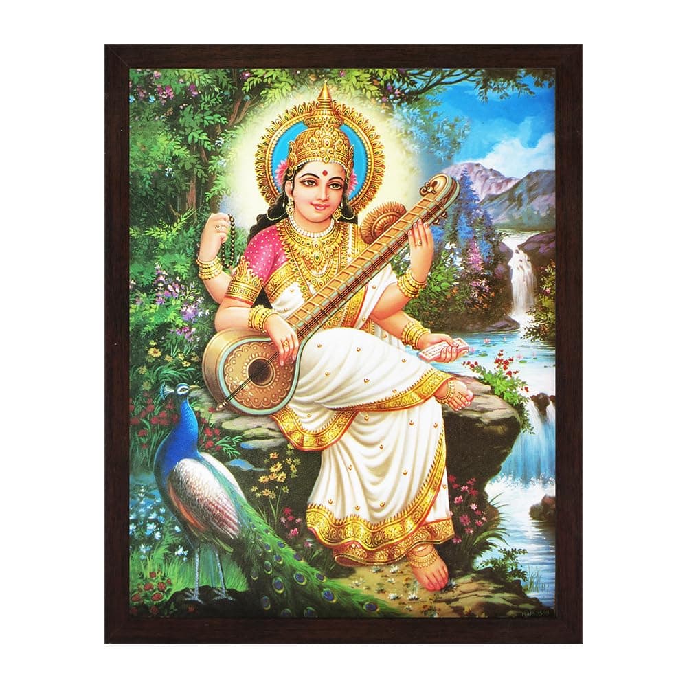 HandicraftStore Goddess Saraswati Playing Her Saraswati Veena at River End and Peacock Enjoying, Poster Painting with Frame for Religious & Worship