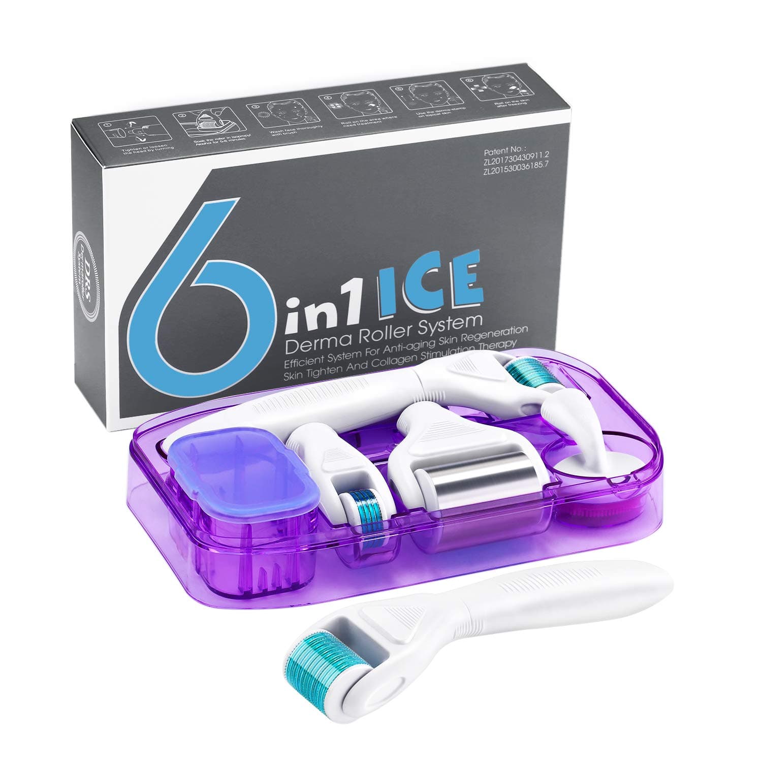 Ice Roller Derma Roller 6 in 1 Kit .25mm Titanium Microneedles, Ice Roller Dermaroller for Face and Body, 12/300/ 720 Titanium Micro Needle