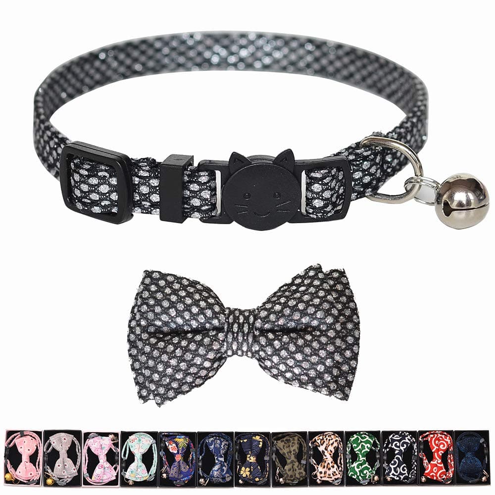 M-YOUNG Cat Collar Christmas Breakaway with Bell and Bow Tie, Leopard Print Design Adjustable Safety Kitty Kitten Collars(6.8''-10.8'') Beige