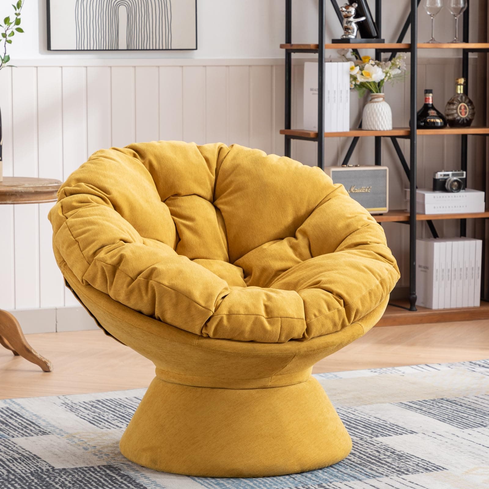 Papasan Chair,Papasan Chair with Cushion and Frame,Comfy Chenille Upholstered Round Reading Chair,Oversized 360° Swivel Accent Chair with Metal Base Lazy Chair for Bedroom,Living Room,Yellow