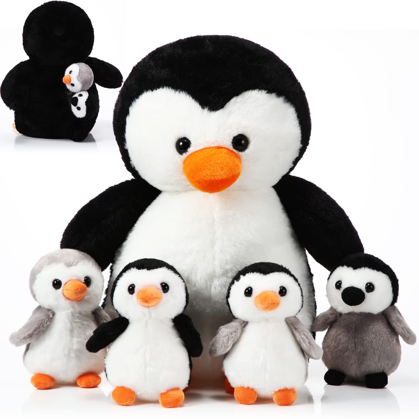 5 Pcs Stuffed Animal Penguin Plush Toy Set 14 Inch Mommy Penguin Stuffed Animal with 4 Cute Babies in Zippered Belly Soft Cuddly Plushie for Kids Gifts(Lovely Style)