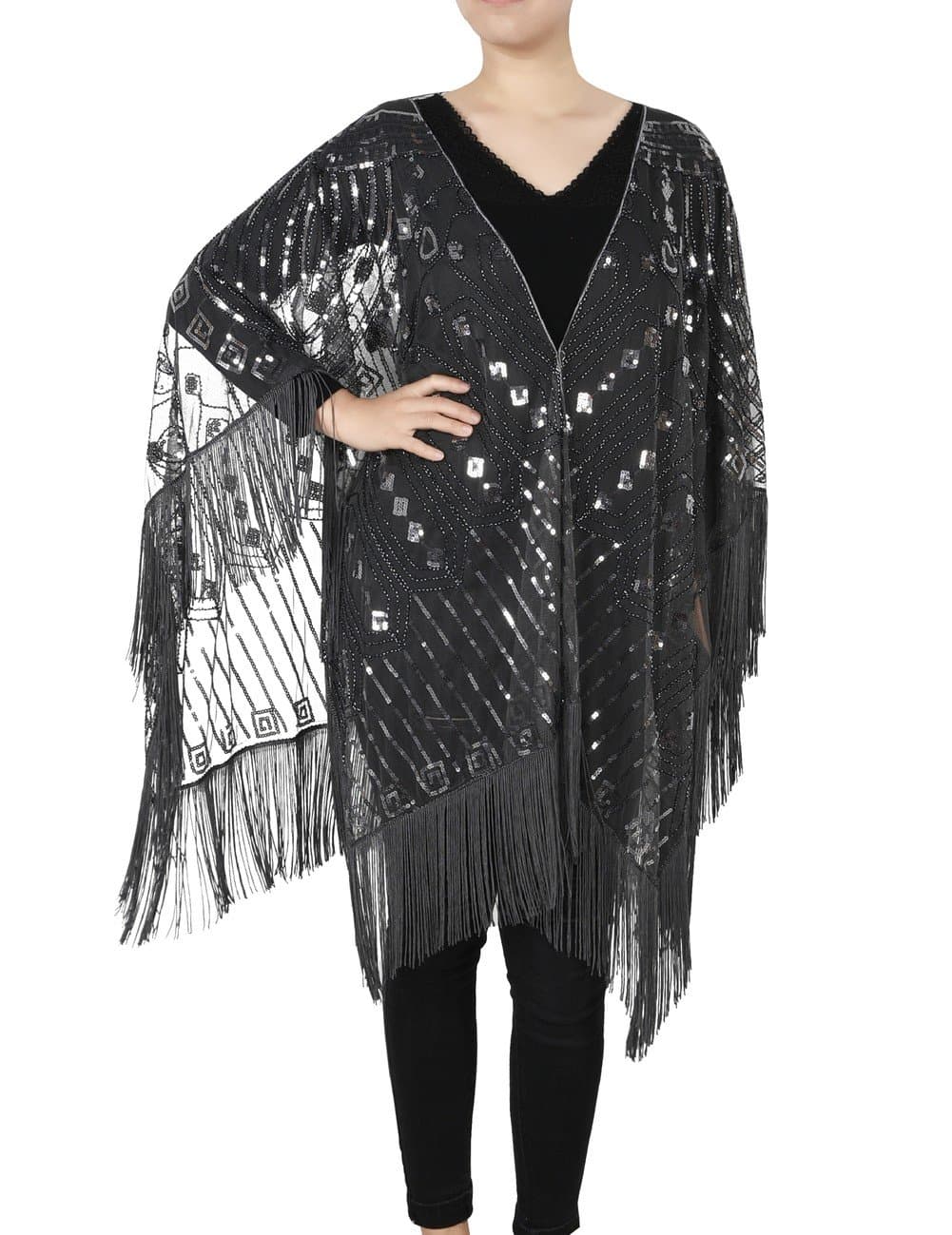 Kayamiya Women's Evening Shawl Wraps 1920s Sequin Beaded Cape With Fringe