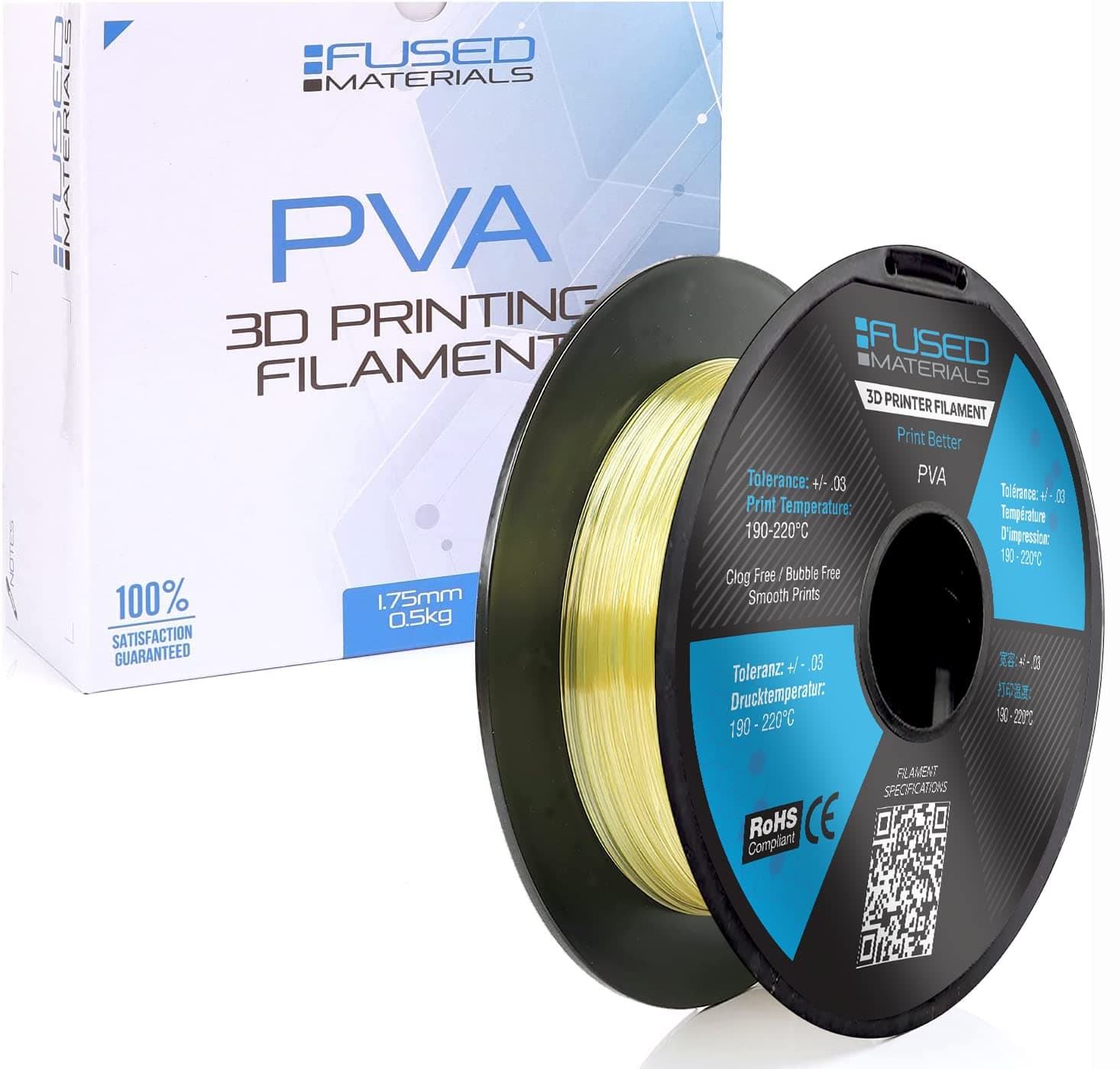 Fused Materials PVA Filament 1.75mm – Water-Soluble Support Material for 3D Printing – Compatible with Bambu Lab, Polymaker, Overture, and More – Works with PLA, PETG, Nylon, ABS – Clear & Transparent