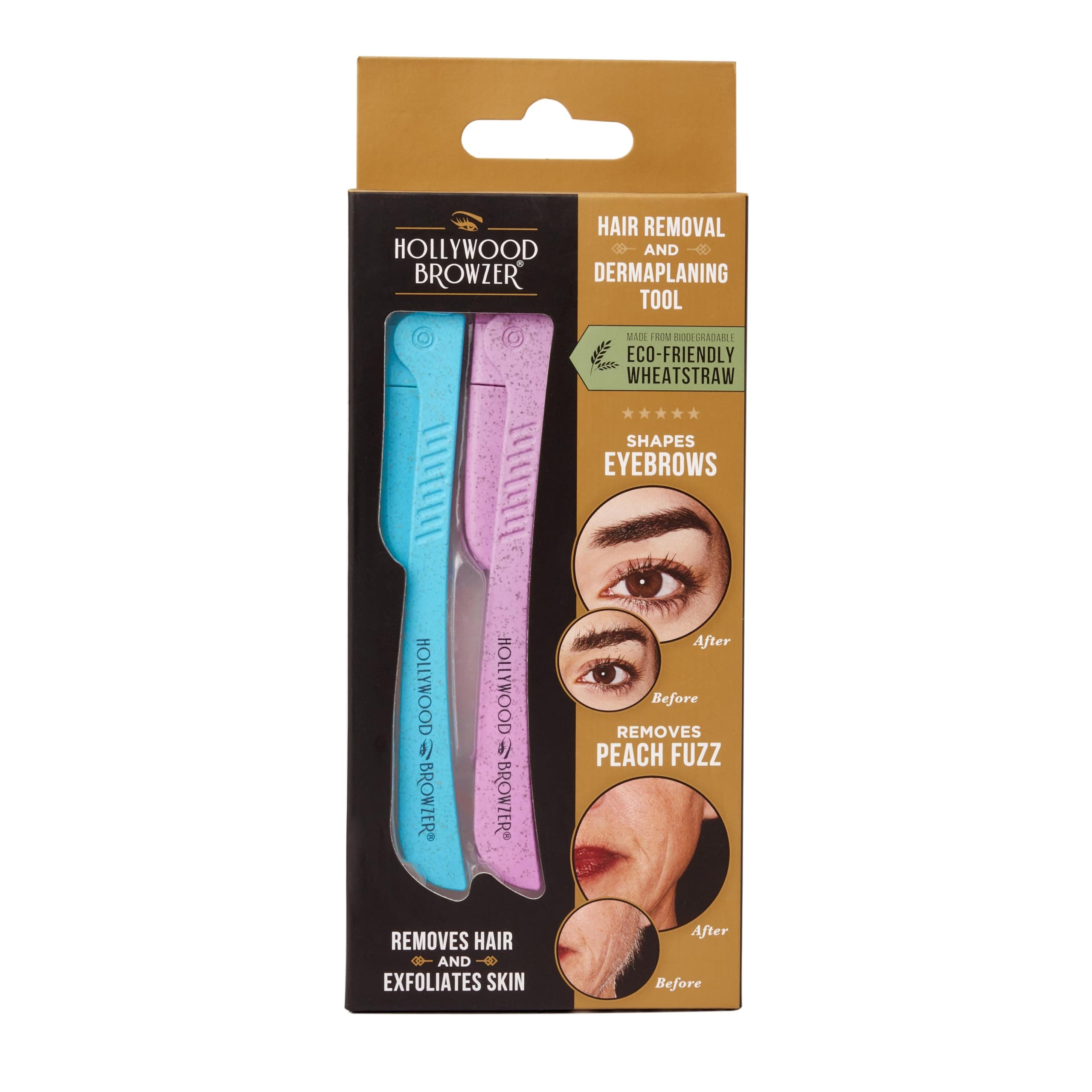 Hollywood BrowzerDermaplaning Razor Tool for Face - Eyebrow Shaping - Removing Unwanted Hair and Peach Fuzz - Exfoliating Tool for Women - Face Razor for Women - Duo Pack (Blue Opal and Rose Quartz)