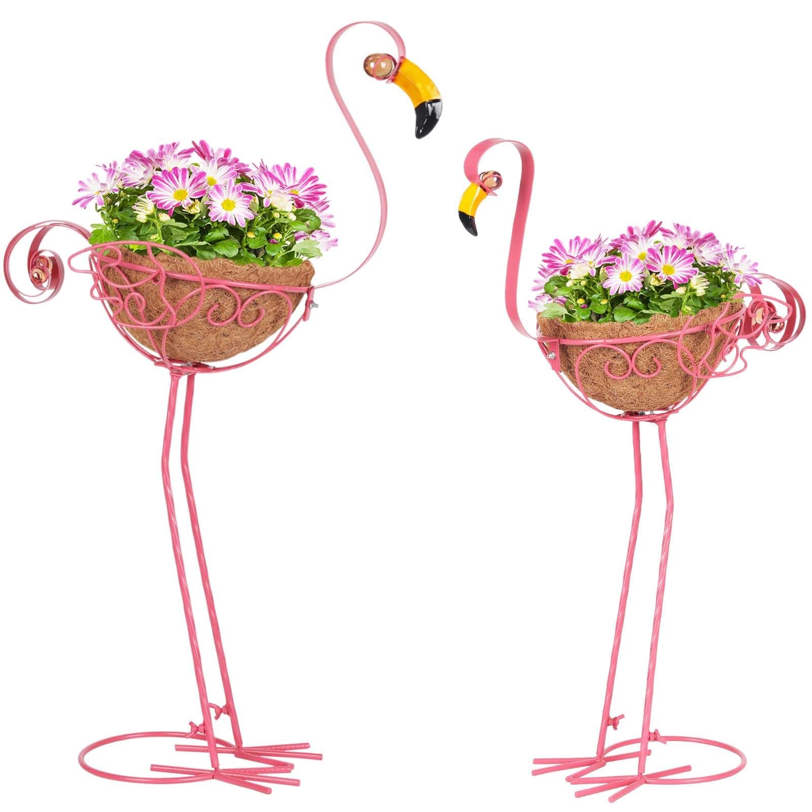 Set of 2 Pink Metal Flamingo Planters with Basket for Indoor Outdoor Garden Yard Decor